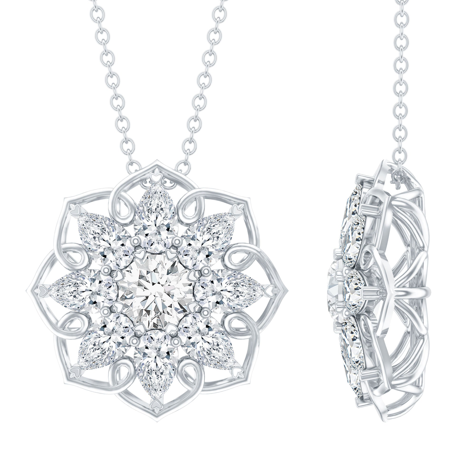 Certified Moissanite Flower Pendant Necklace with Chain D-VS1 92.5 Sterling Silver - Rosec Jewels