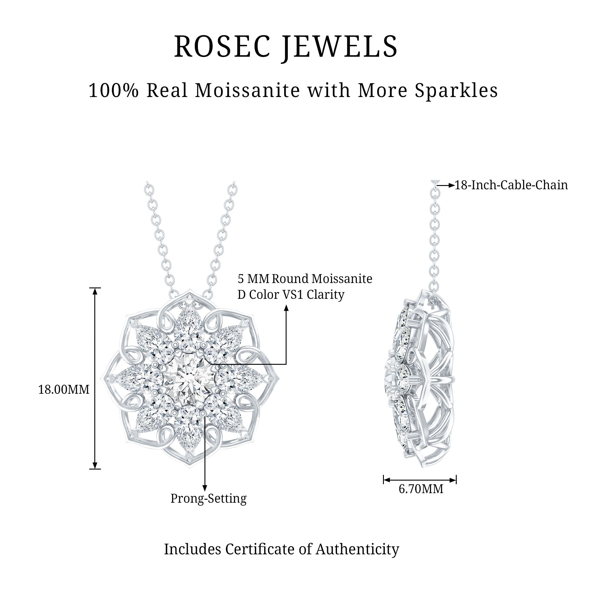Certified Moissanite Flower Pendant Necklace with Chain D-VS1 92.5 Sterling Silver - Rosec Jewels