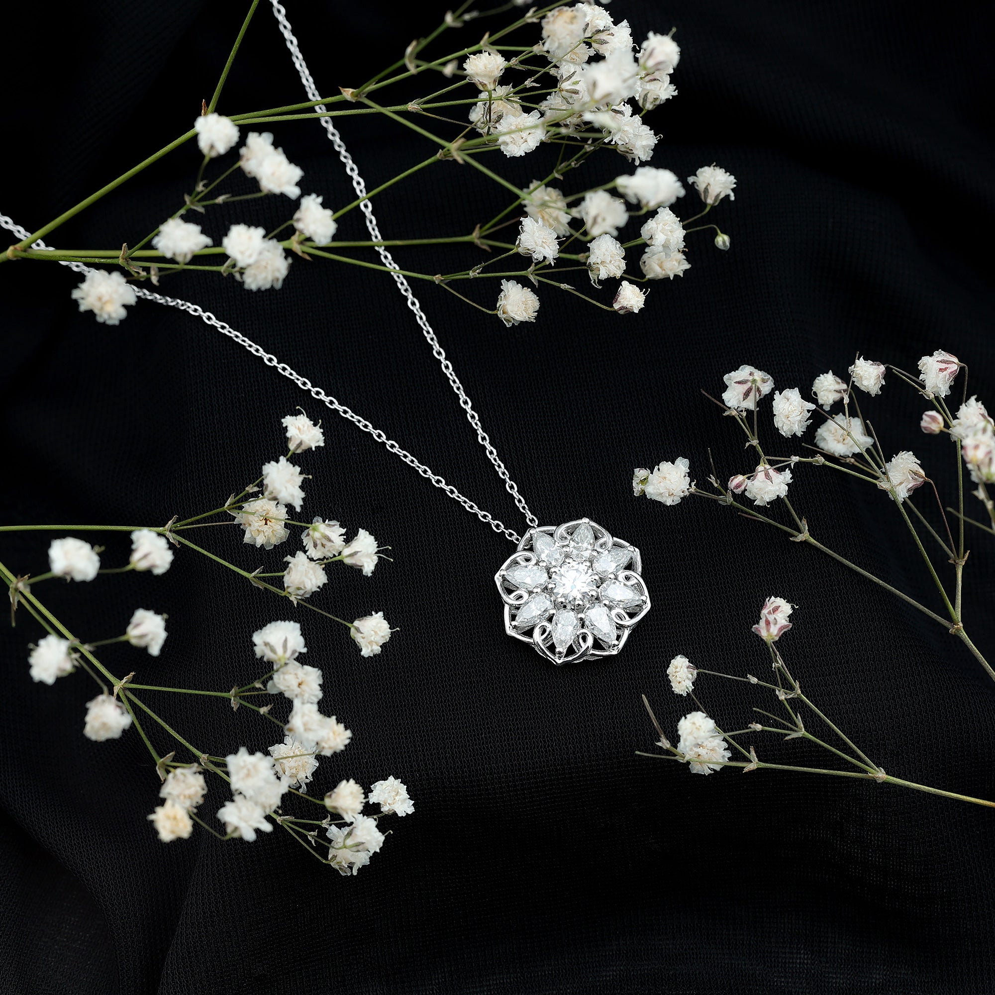 Certified Moissanite Flower Pendant Necklace with Chain D-VS1 92.5 Sterling Silver - Rosec Jewels