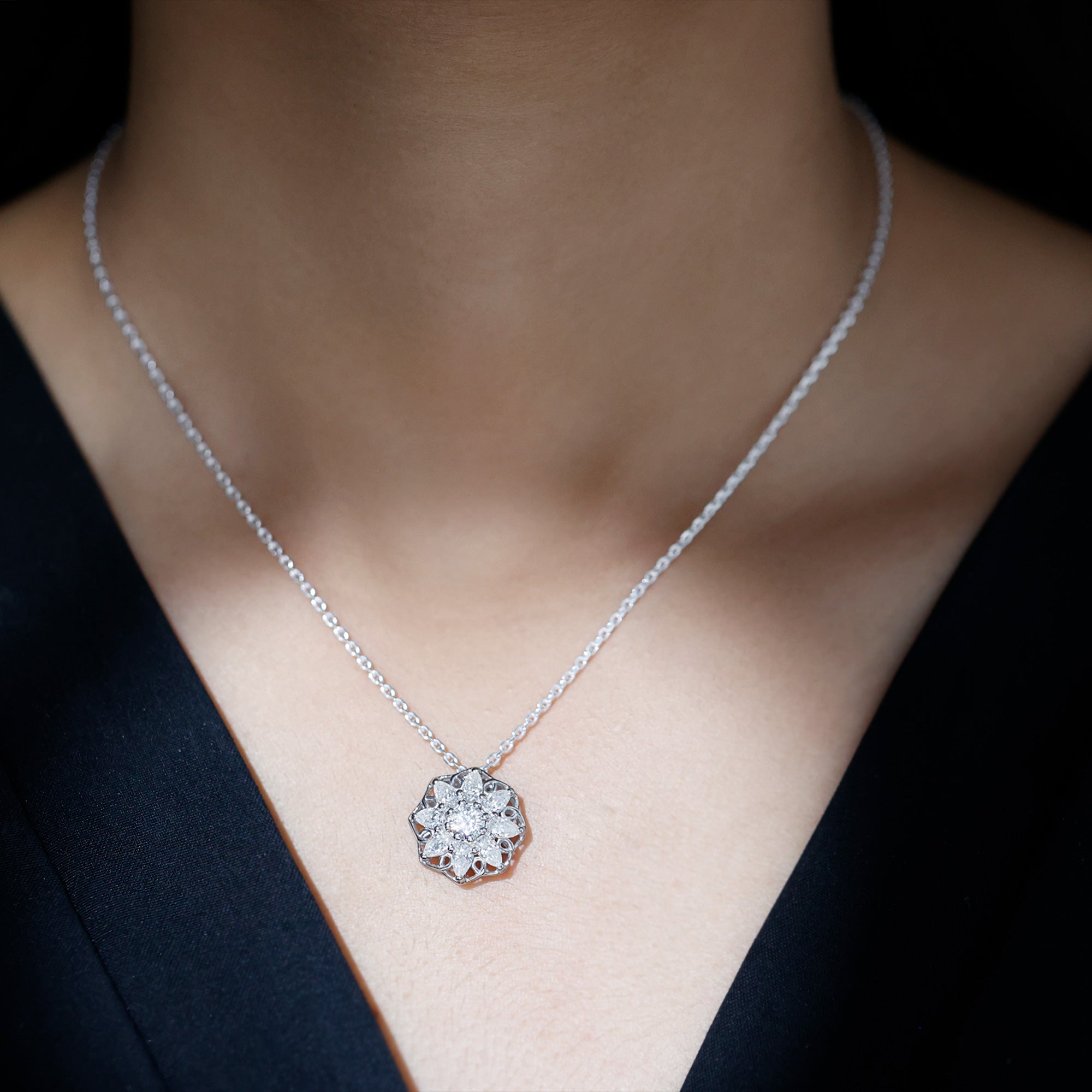 Certified Moissanite Flower Pendant Necklace with Chain D-VS1 92.5 Sterling Silver - Rosec Jewels
