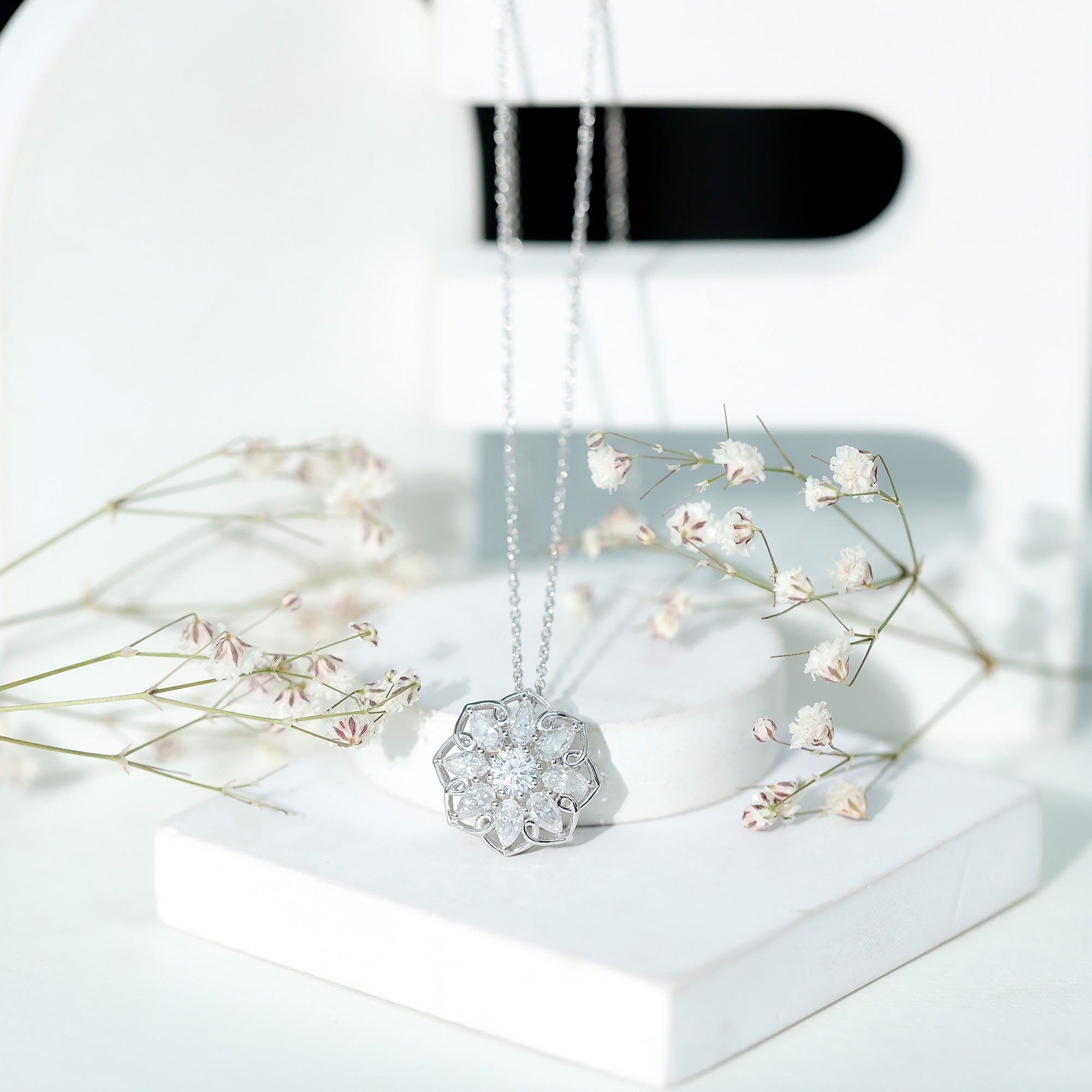 Certified Moissanite Flower Pendant Necklace with Chain D-VS1 92.5 Sterling Silver - Rosec Jewels