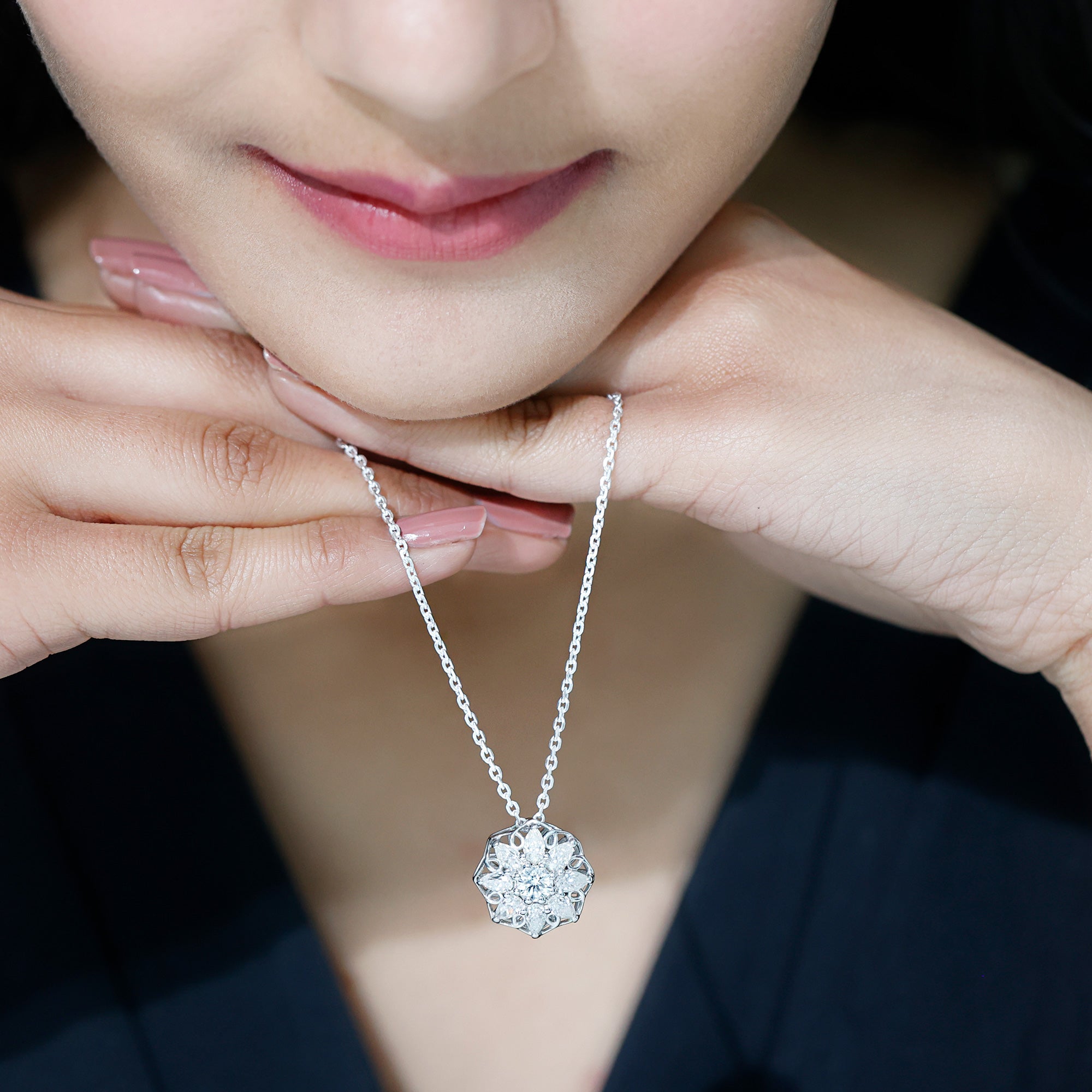 Certified Moissanite Flower Pendant Necklace with Chain D-VS1 92.5 Sterling Silver - Rosec Jewels