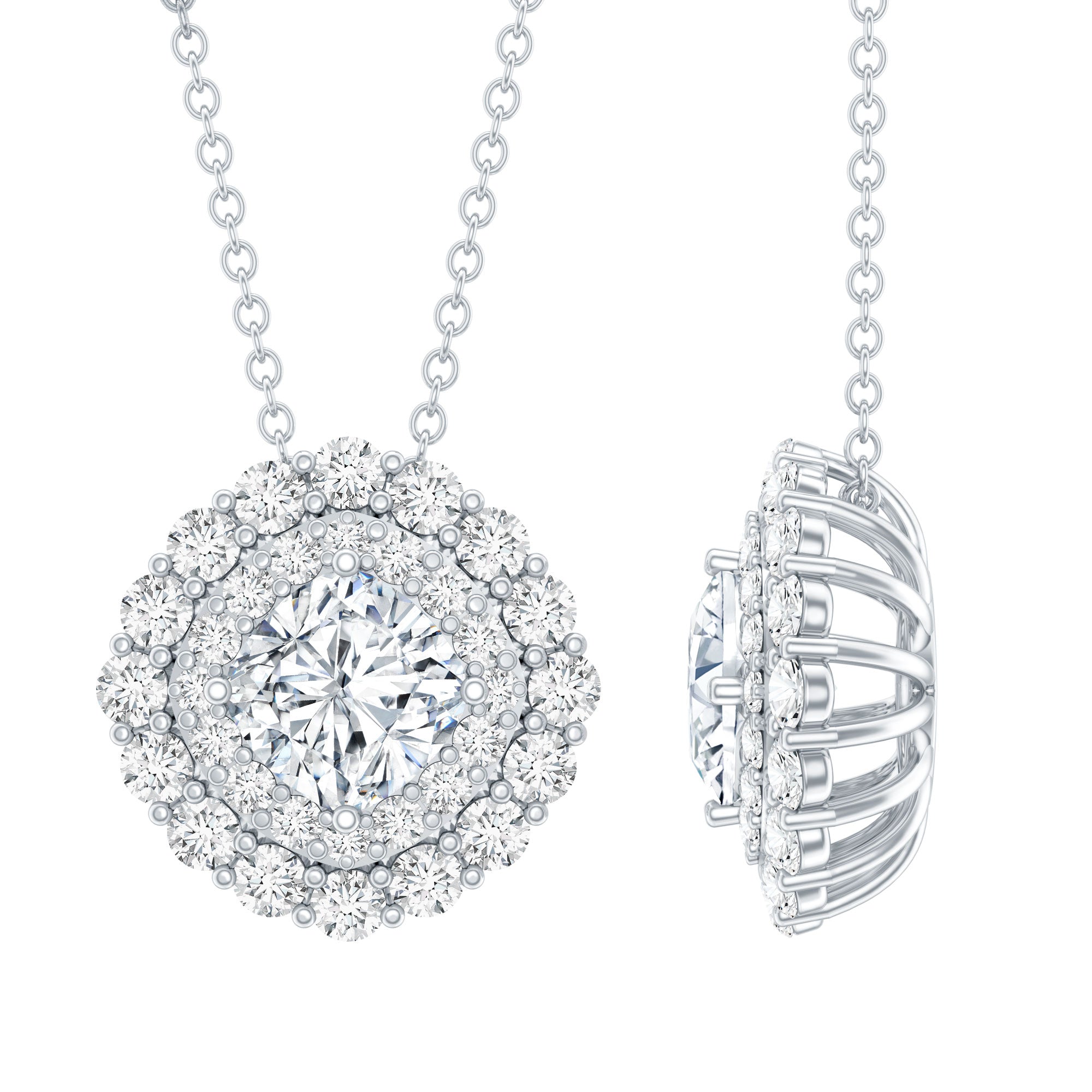 Certified Moissanite Double Halo Pendant Necklace with Silver Chain D-VS1 92.5 Sterling Silver - Rosec Jewels