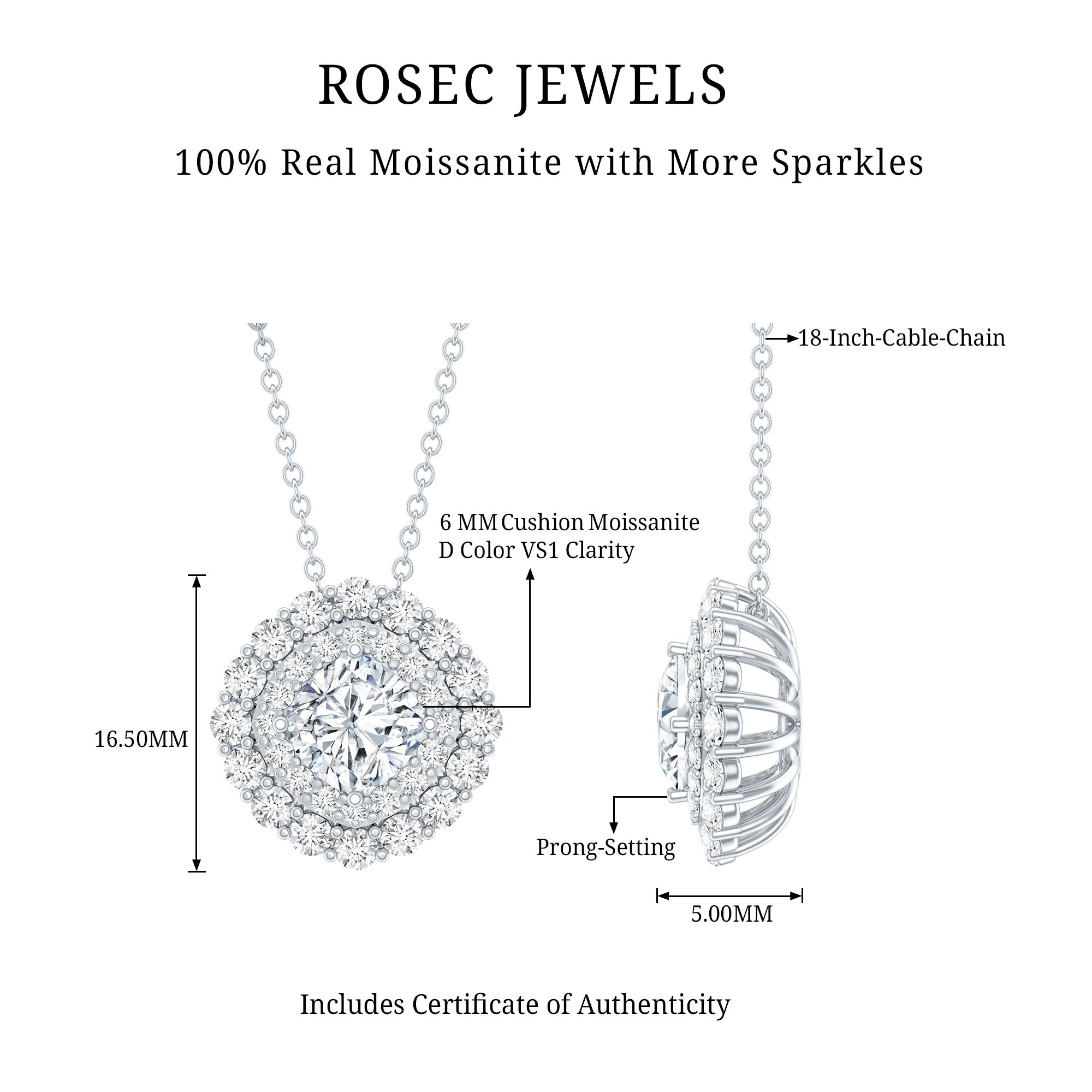 Certified Moissanite Double Halo Pendant Necklace with Silver Chain D-VS1 92.5 Sterling Silver - Rosec Jewels