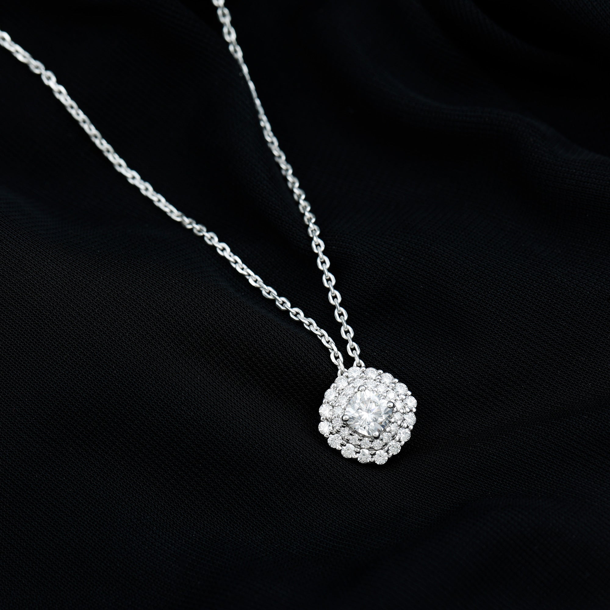 Certified Moissanite Double Halo Pendant Necklace with Silver Chain D-VS1 92.5 Sterling Silver - Rosec Jewels