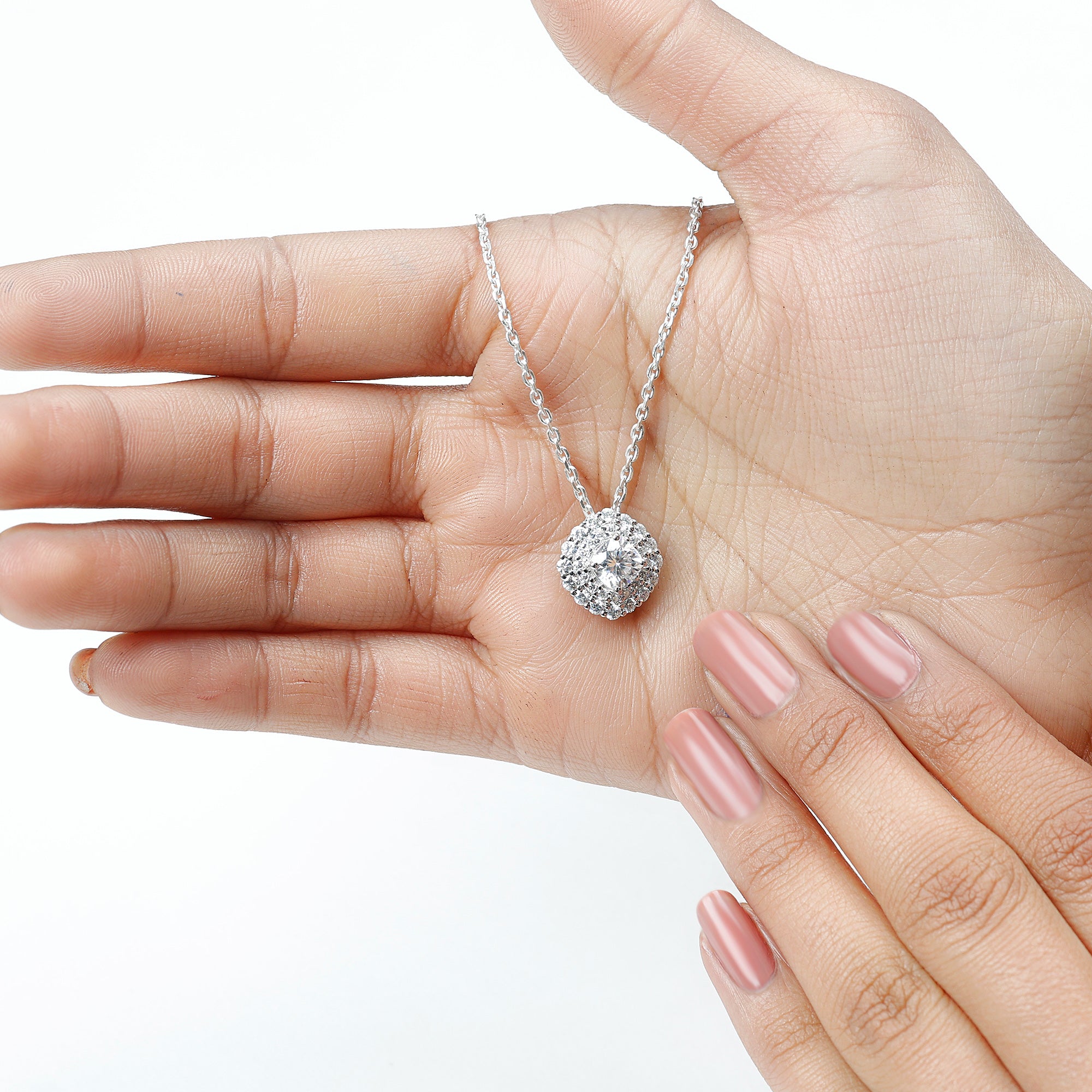 Certified Moissanite Double Halo Pendant Necklace with Silver Chain D-VS1 92.5 Sterling Silver - Rosec Jewels