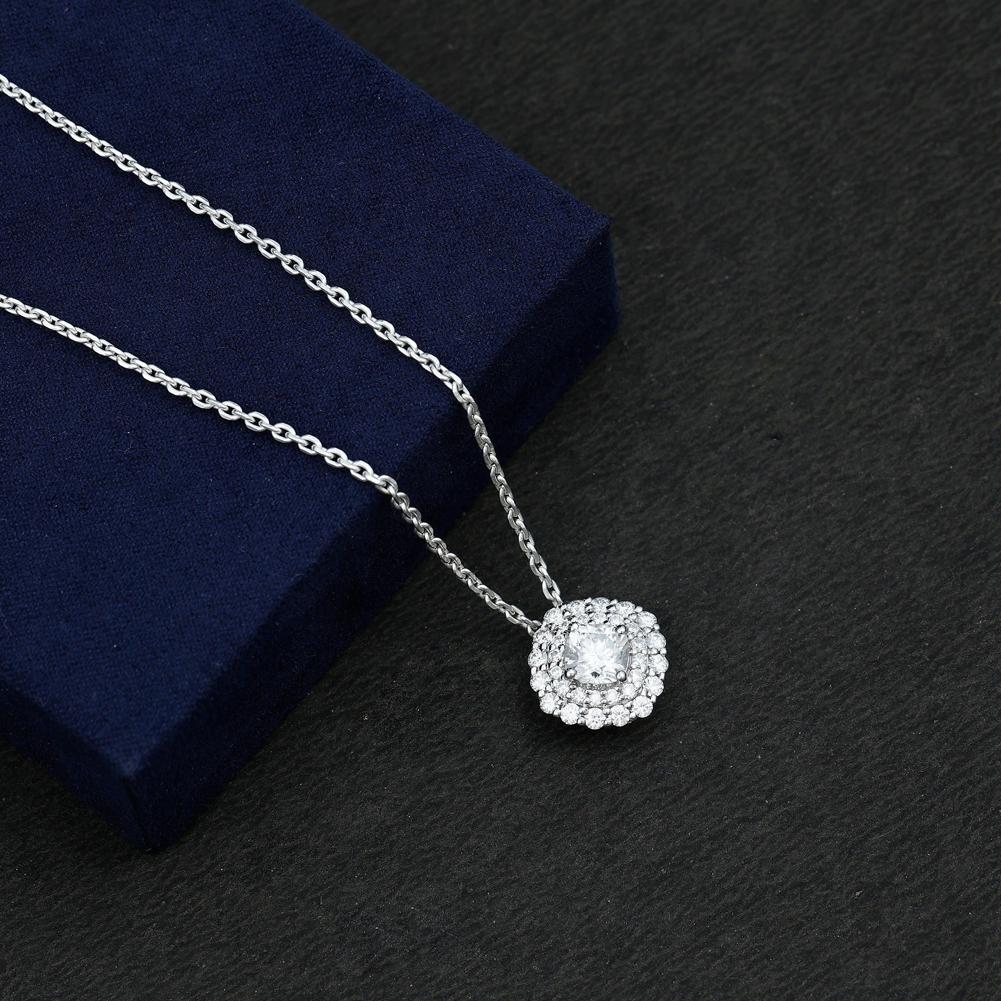 Certified Moissanite Double Halo Pendant Necklace with Silver Chain D-VS1 92.5 Sterling Silver - Rosec Jewels
