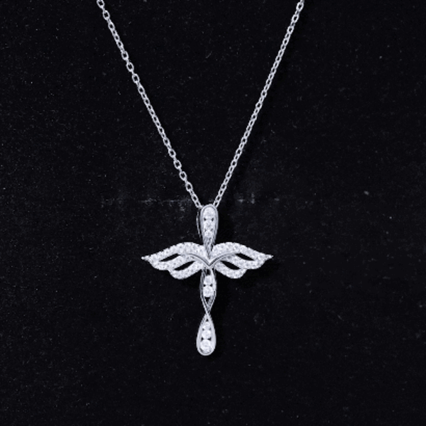 Certified Moissanite Angel Wings Cross Necklace with Silver Chain D-VS1 92.5 Sterling Silver - Rosec Jewels