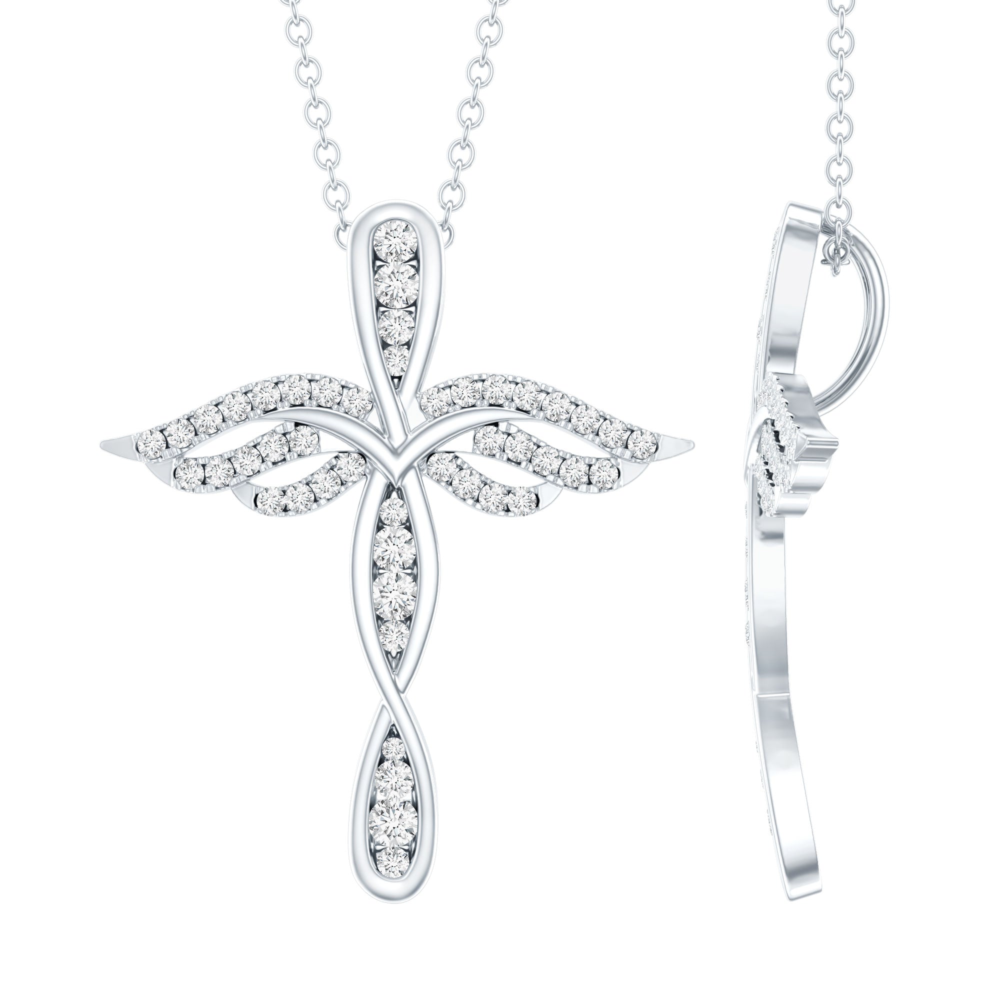 Certified Moissanite Angel Wings Cross Necklace with Silver Chain D-VS1 92.5 Sterling Silver - Rosec Jewels
