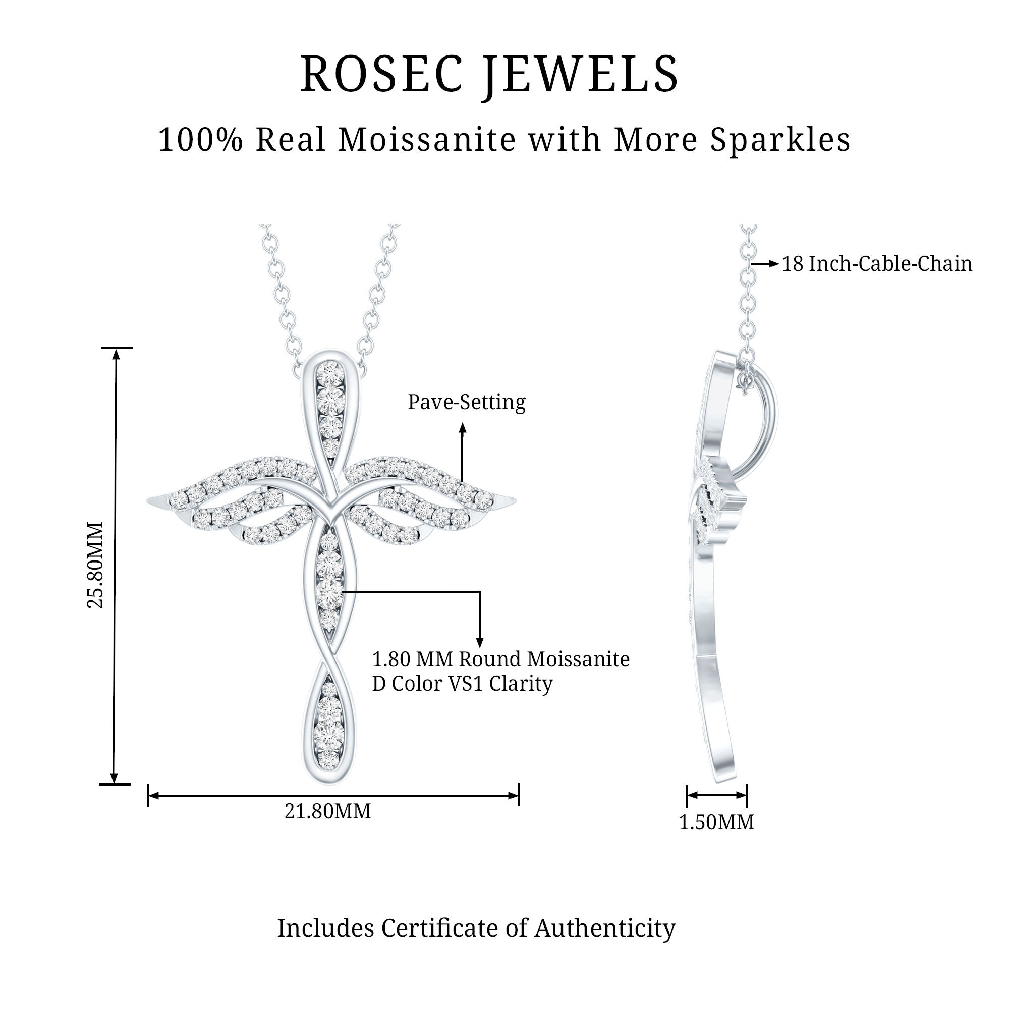 Certified Moissanite Angel Wings Cross Necklace with Silver Chain D-VS1 92.5 Sterling Silver - Rosec Jewels