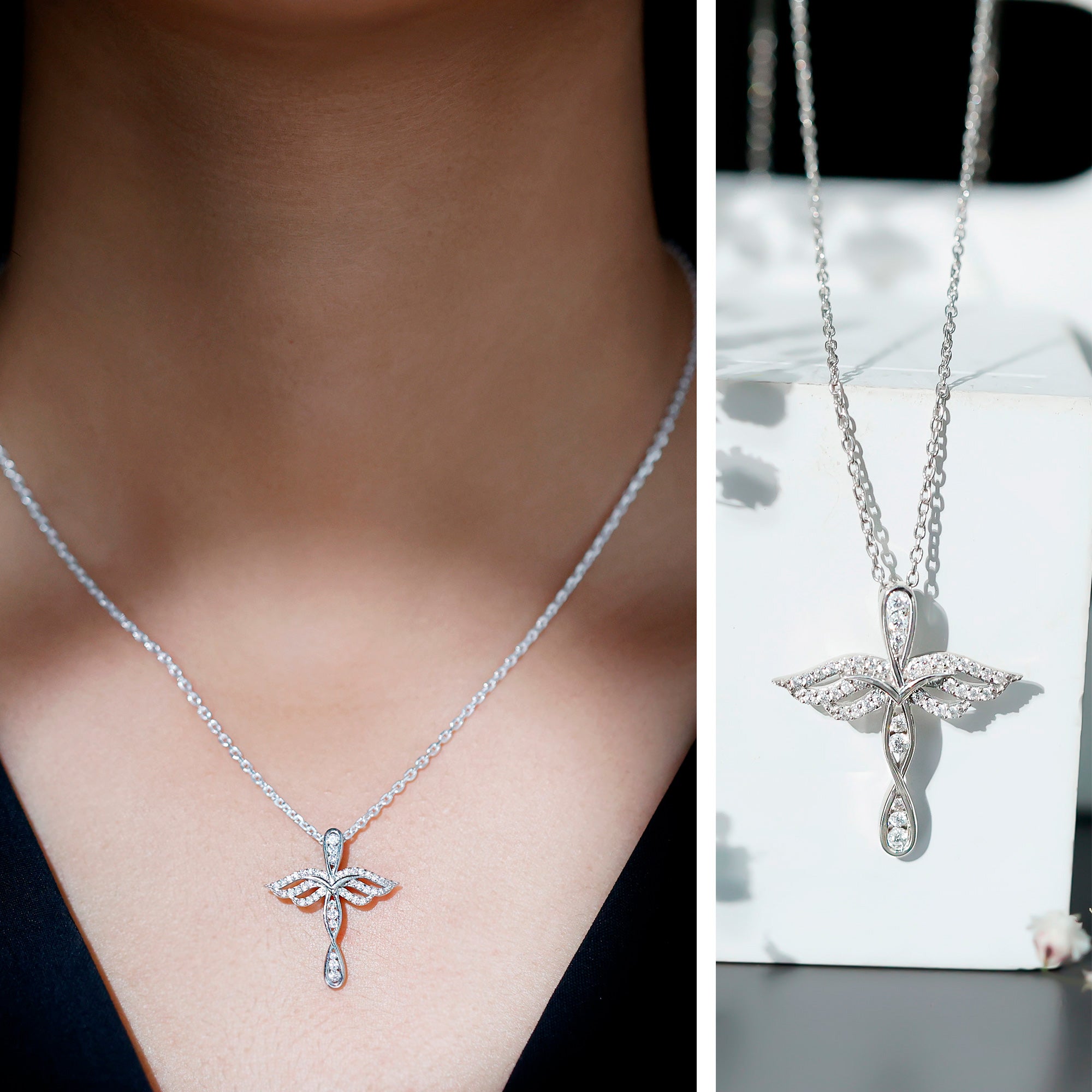 Certified Moissanite Angel Wings Cross Necklace with Silver Chain D-VS1 92.5 Sterling Silver - Rosec Jewels