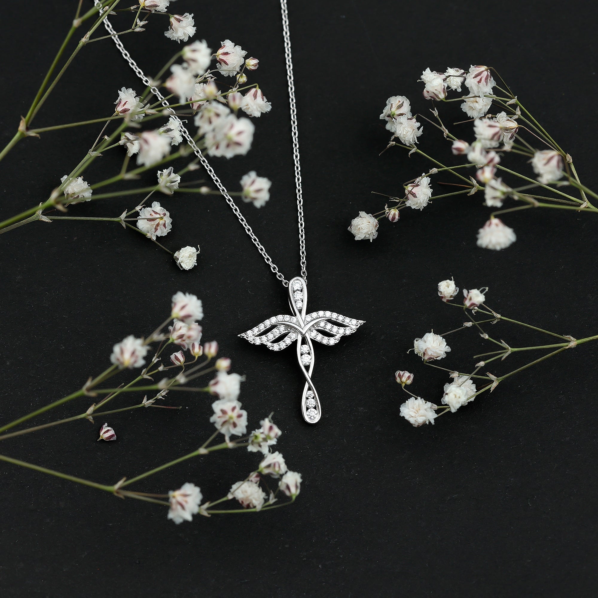 Certified Moissanite Angel Wings Cross Necklace with Silver Chain D-VS1 92.5 Sterling Silver - Rosec Jewels