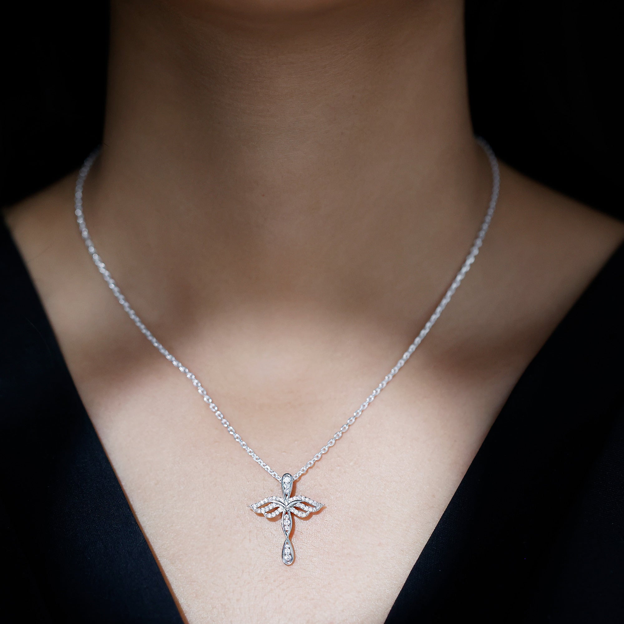 Certified Moissanite Angel Wings Cross Necklace with Silver Chain D-VS1 92.5 Sterling Silver - Rosec Jewels