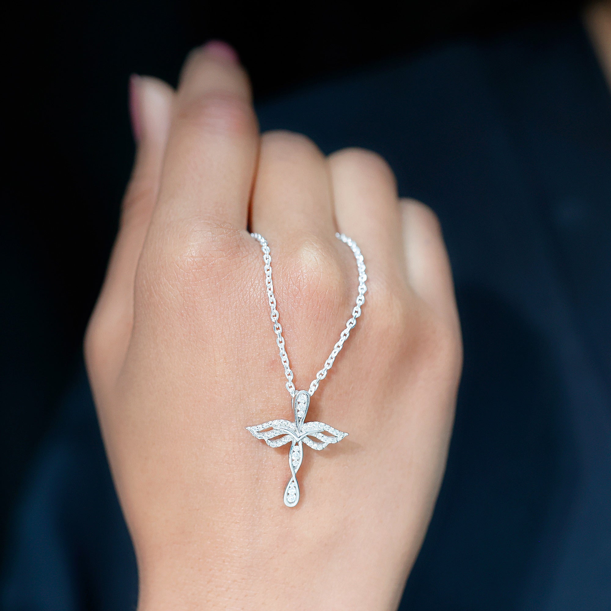 Certified Moissanite Angel Wings Cross Necklace with Silver Chain D-VS1 92.5 Sterling Silver - Rosec Jewels
