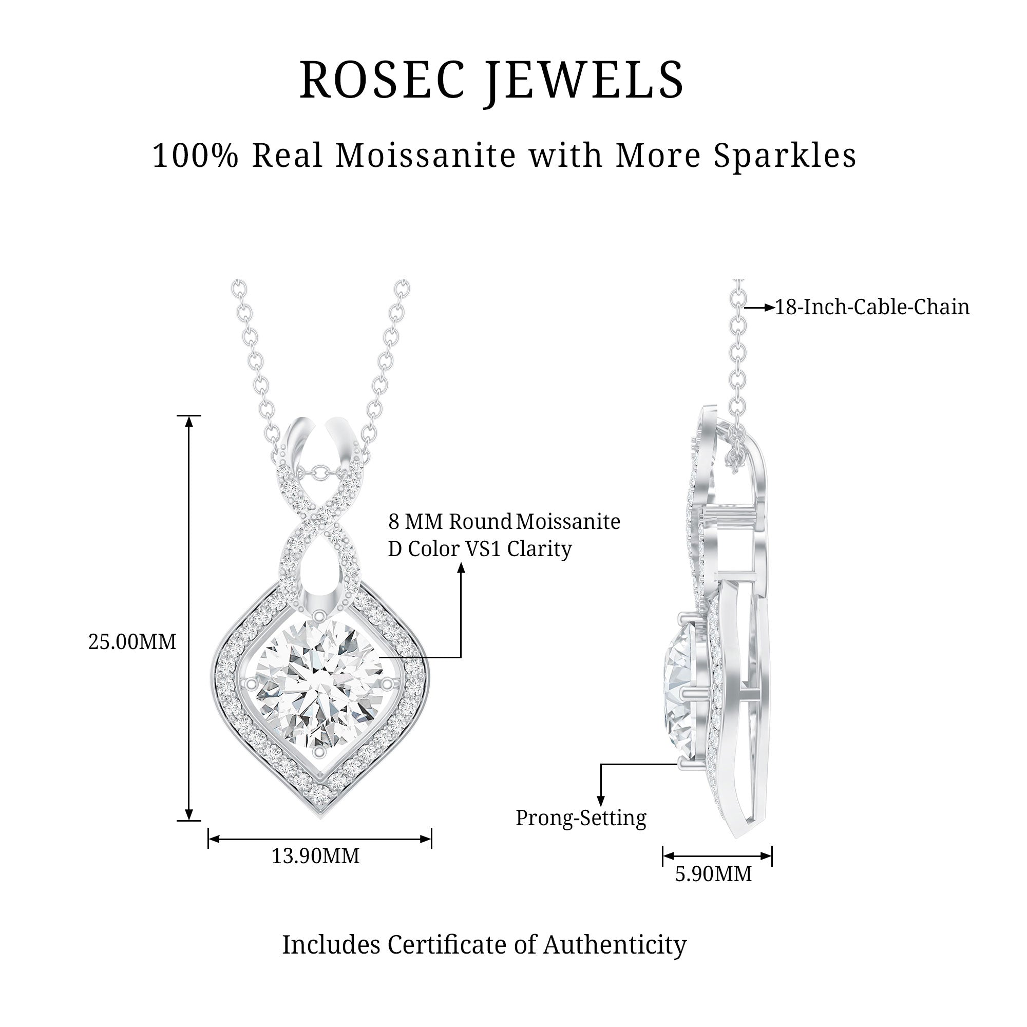 2.62 Carat Moissanite Wedding Necklace for Bride with Silver Chain D-VS1 92.5 Sterling Silver - Rosec Jewels