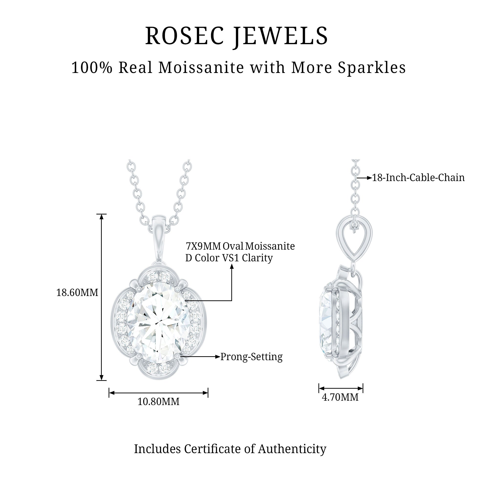 Moissanite Art Deco Necklace with Silver Chain D-VS1 92.5 Sterling Silver - Rosec Jewels