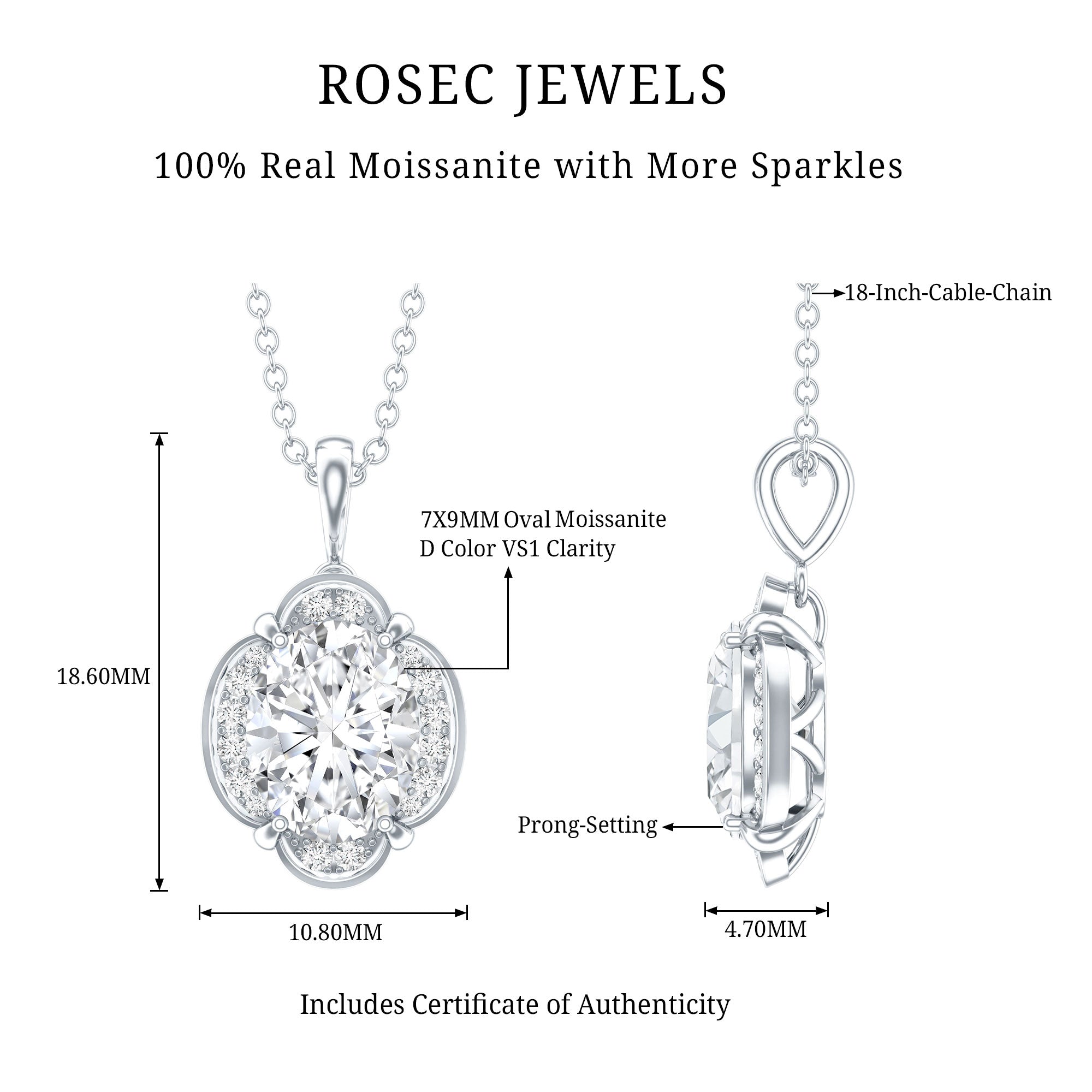 Moissanite Art Deco Necklace with Silver Chain D-VS1 92.5 Sterling Silver - Rosec Jewels