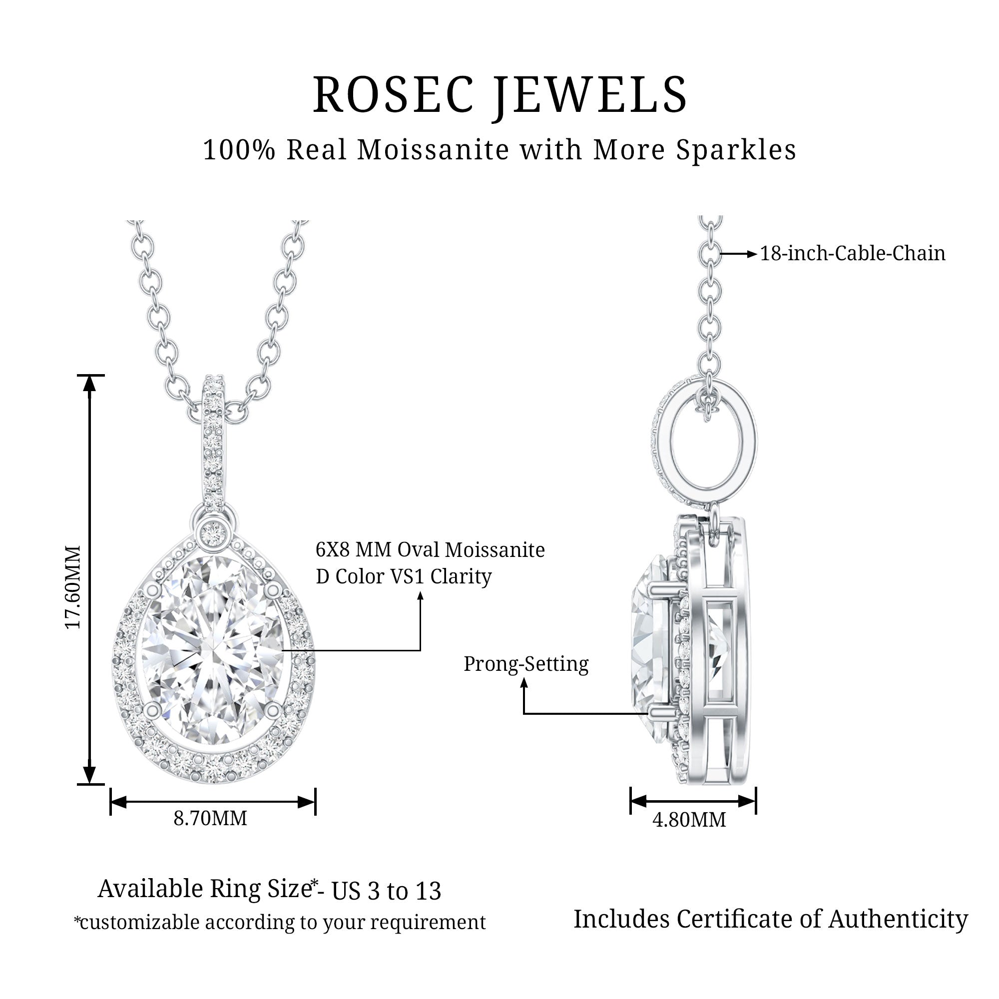 Certified 1.2 Carat Oval Moissanite Bridal Necklace For Wedding in Silver D-VS1 92.5 Sterling Silver - Rosec Jewels