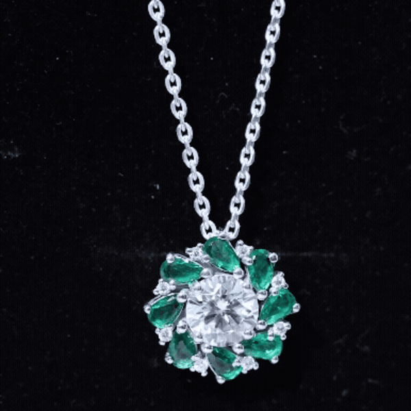Certified 2 Carat Moissanite and Lab Emerald Flower Necklace in Silver D-VS1 92.5 Sterling Silver - Rosec Jewels