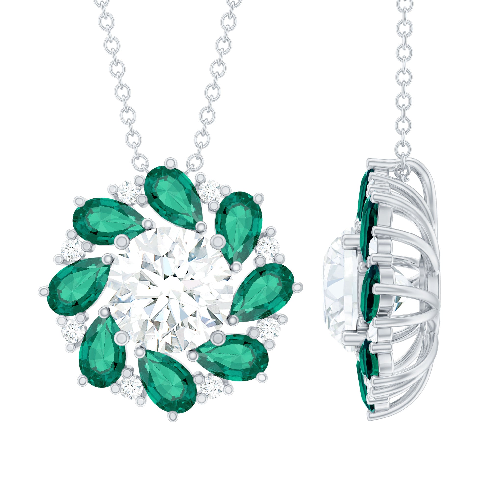 Certified Moissanite and Lab Emerald Flower Halo Pendant Necklace