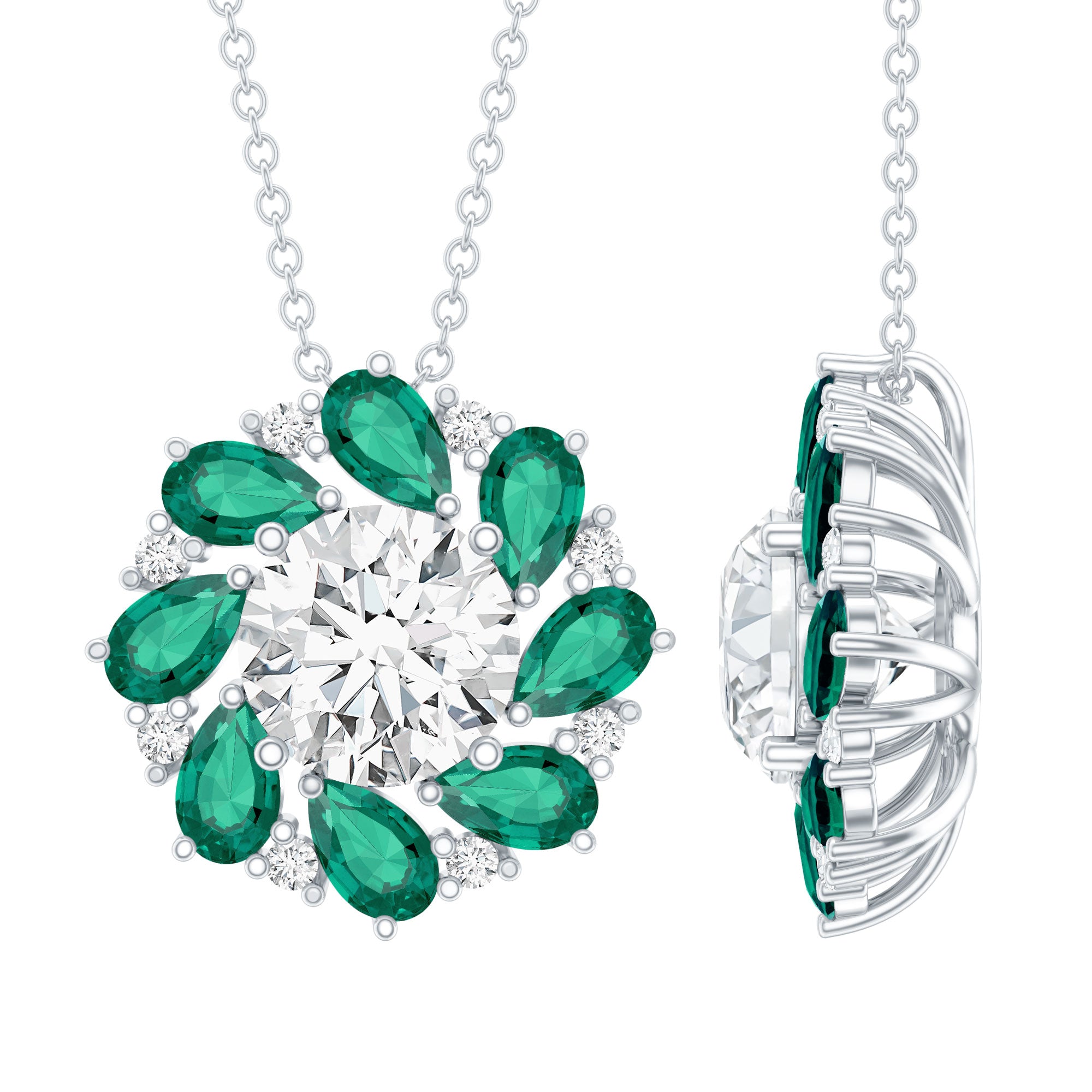 Certified 2 Carat Moissanite and Lab Emerald Flower Necklace in Silver D-VS1 92.5 Sterling Silver - Rosec Jewels