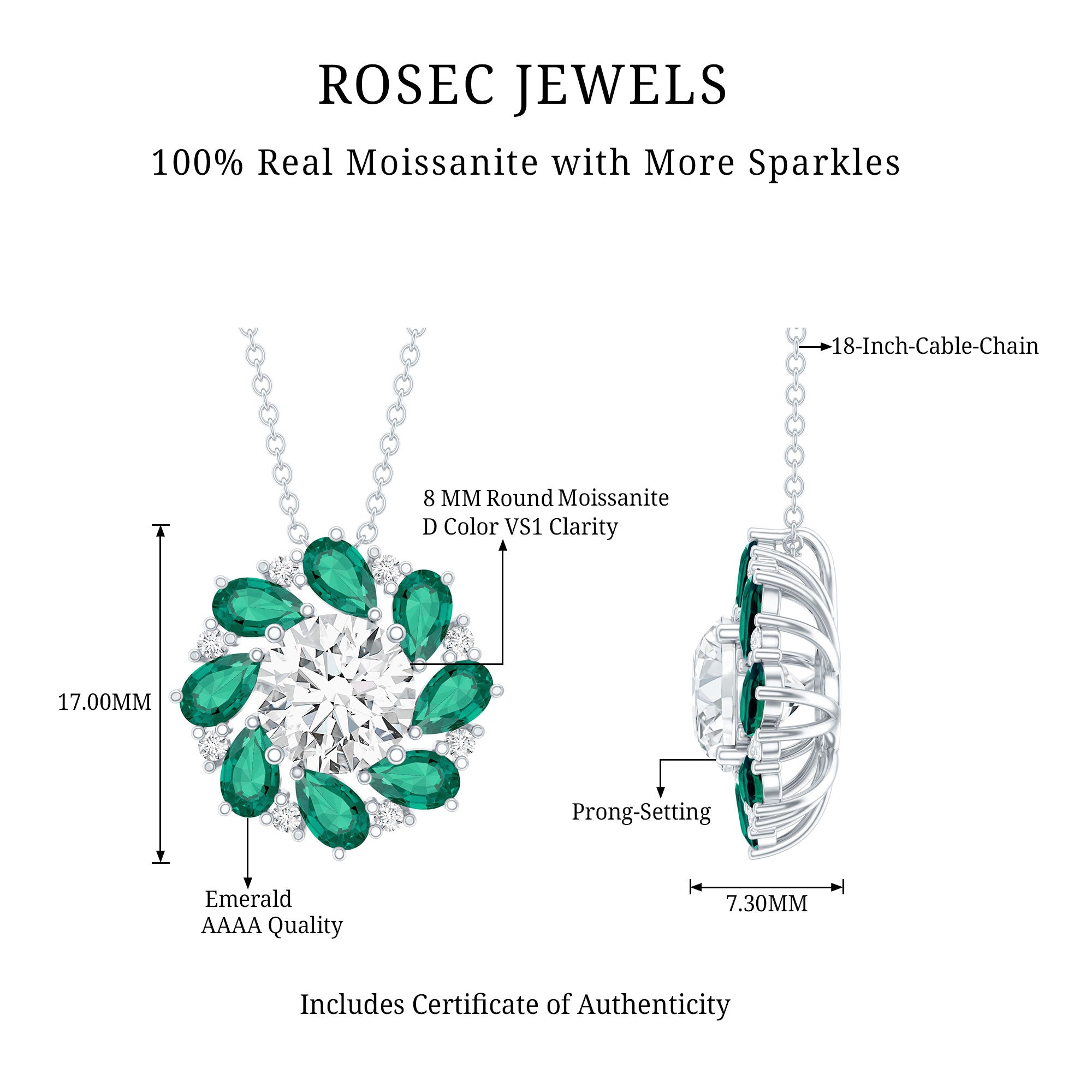 Certified 2 Carat Moissanite and Lab Emerald Flower Necklace in Silver D-VS1 92.5 Sterling Silver - Rosec Jewels