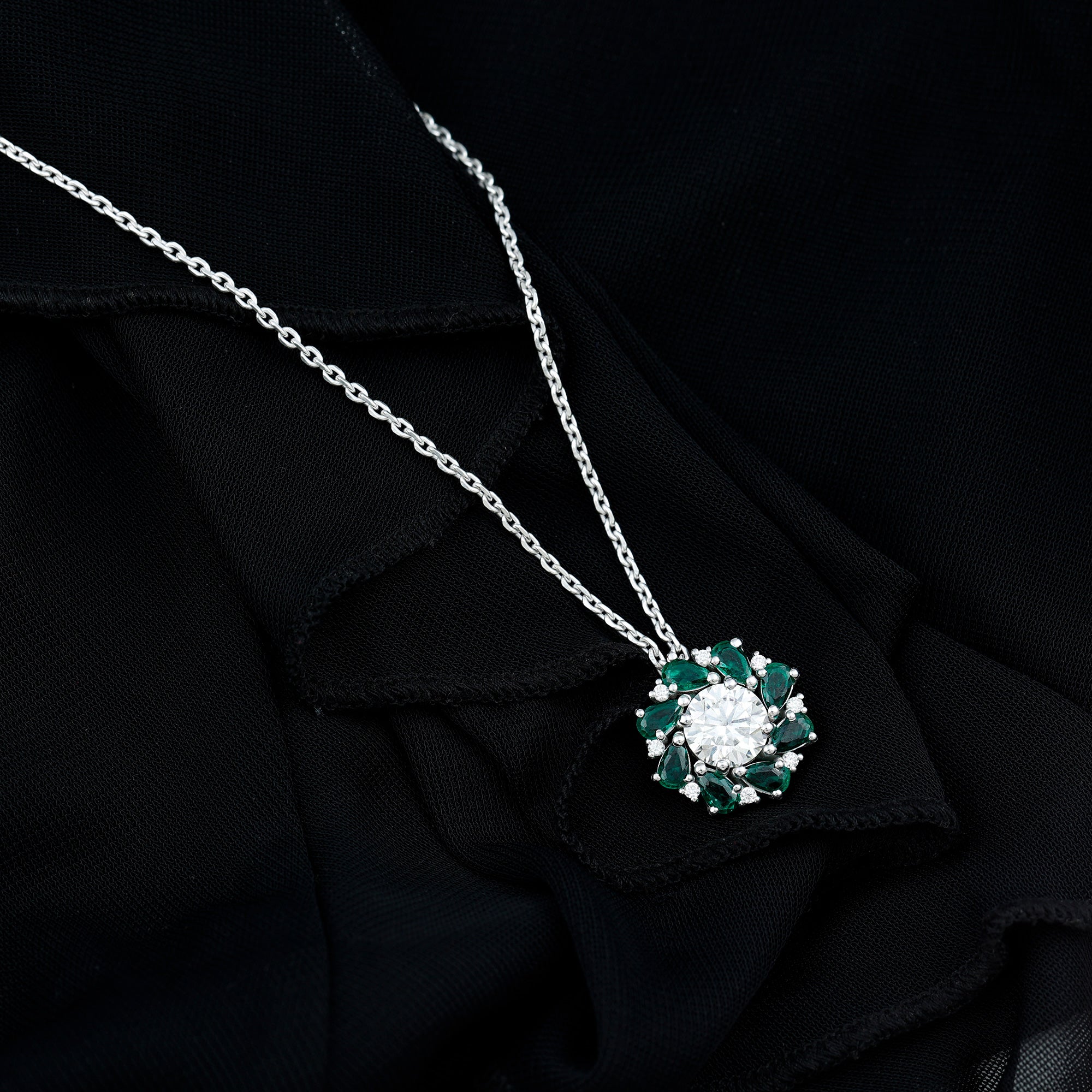 Certified 2 Carat Moissanite and Lab Emerald Flower Necklace in Silver D-VS1 92.5 Sterling Silver - Rosec Jewels