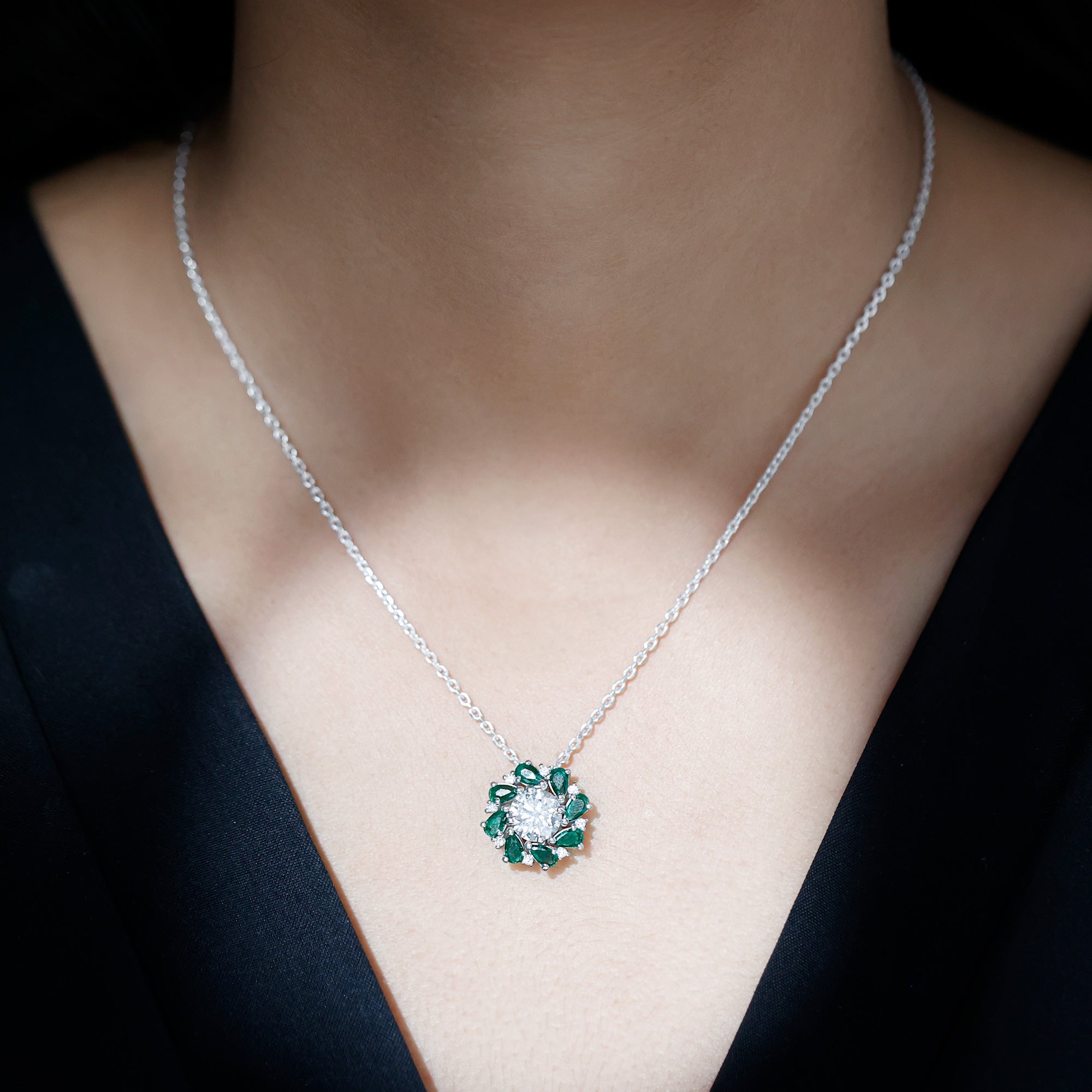 Certified 2 Carat Moissanite and Lab Emerald Flower Necklace in Silver D-VS1 92.5 Sterling Silver - Rosec Jewels