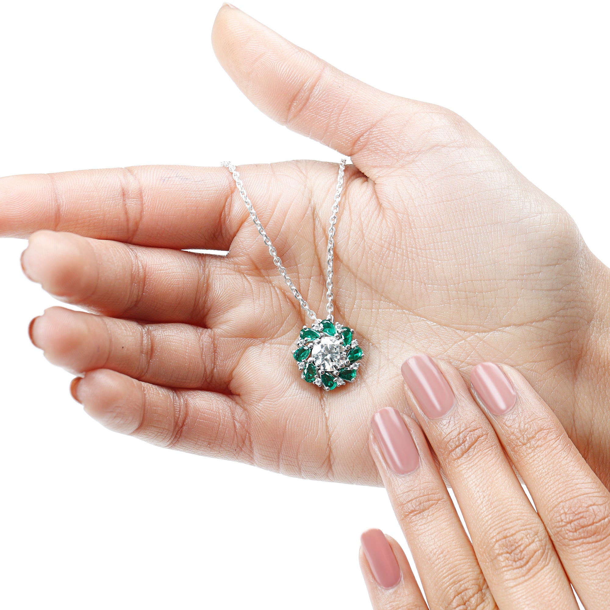 Certified 2 Carat Moissanite and Lab Emerald Flower Necklace in Silver D-VS1 92.5 Sterling Silver - Rosec Jewels