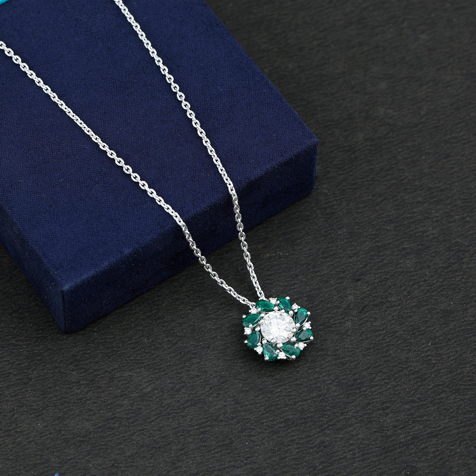 Certified 2 Carat Moissanite and Lab Emerald Flower Necklace in Silver D-VS1 92.5 Sterling Silver - Rosec Jewels