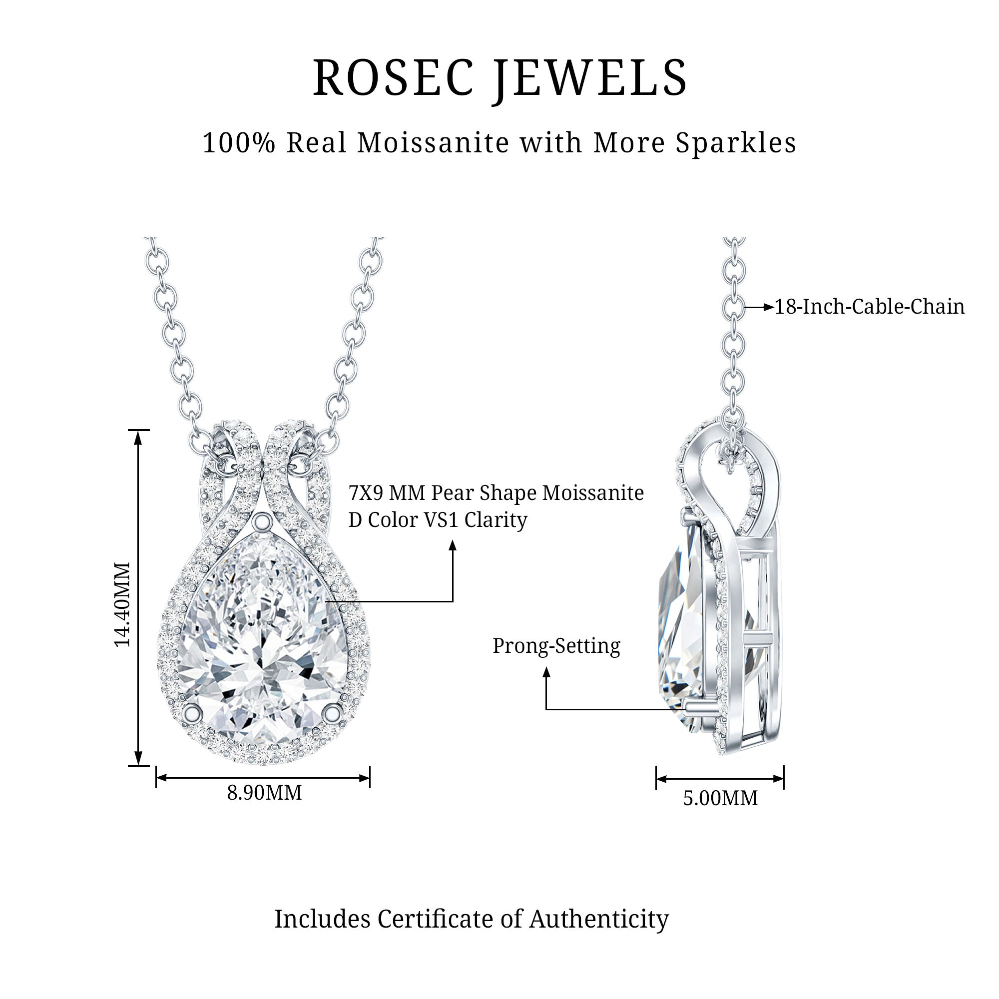 Certified 1.4 Carat Moissanite Teardrop Wedding Necklace with Silver Chain D-VS1 92.5 Sterling Silver - Rosec Jewels
