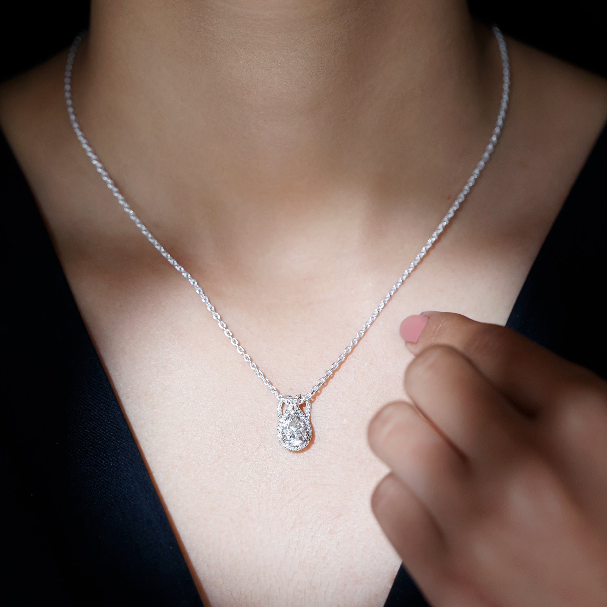 Certified 1.4 Carat Moissanite Teardrop Wedding Necklace with Silver Chain D-VS1 92.5 Sterling Silver - Rosec Jewels