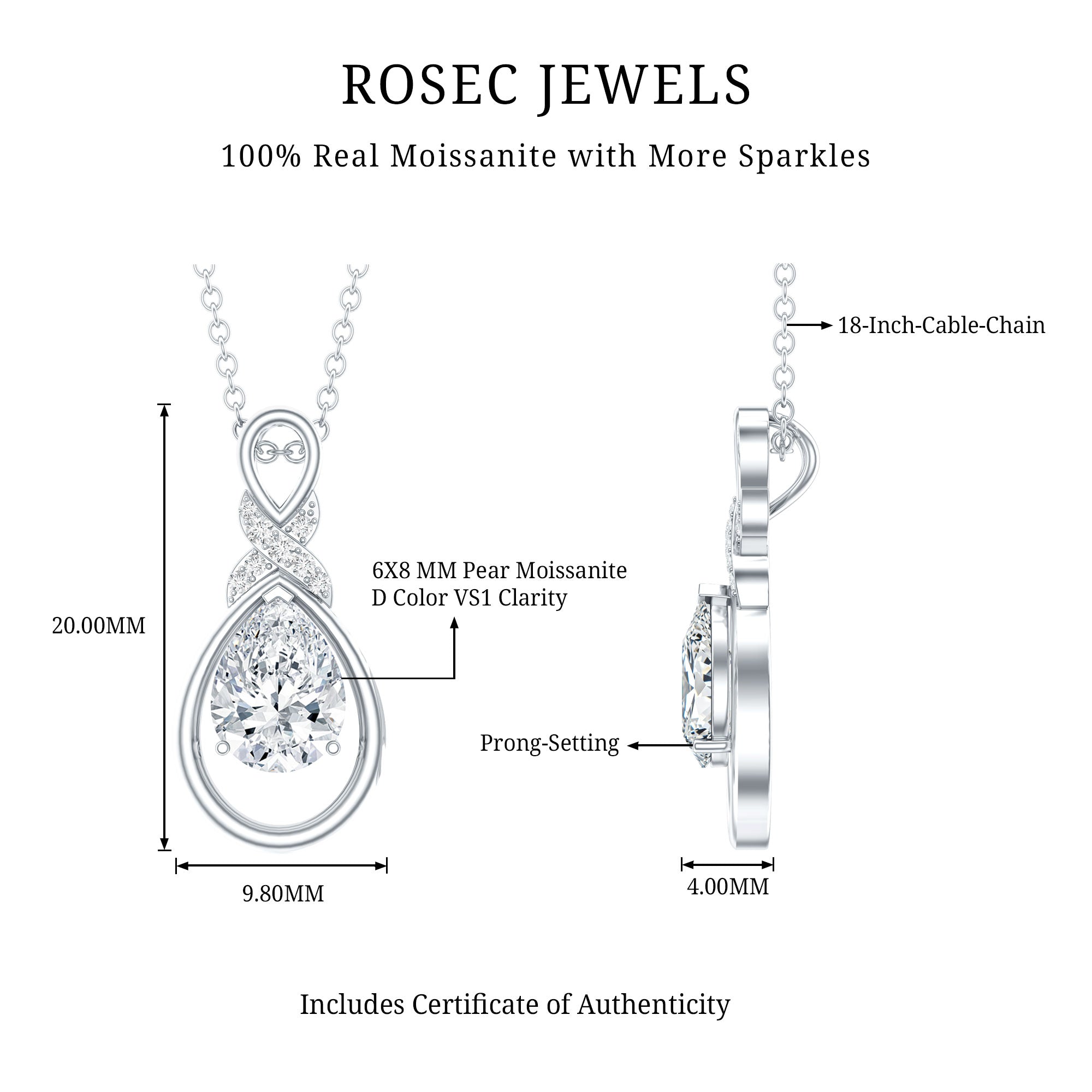 Certified 1.3 Carat Moissanite Bridal Drop Necklace with Silver Chain D-VS1 92.5 Sterling Silver - Rosec Jewels