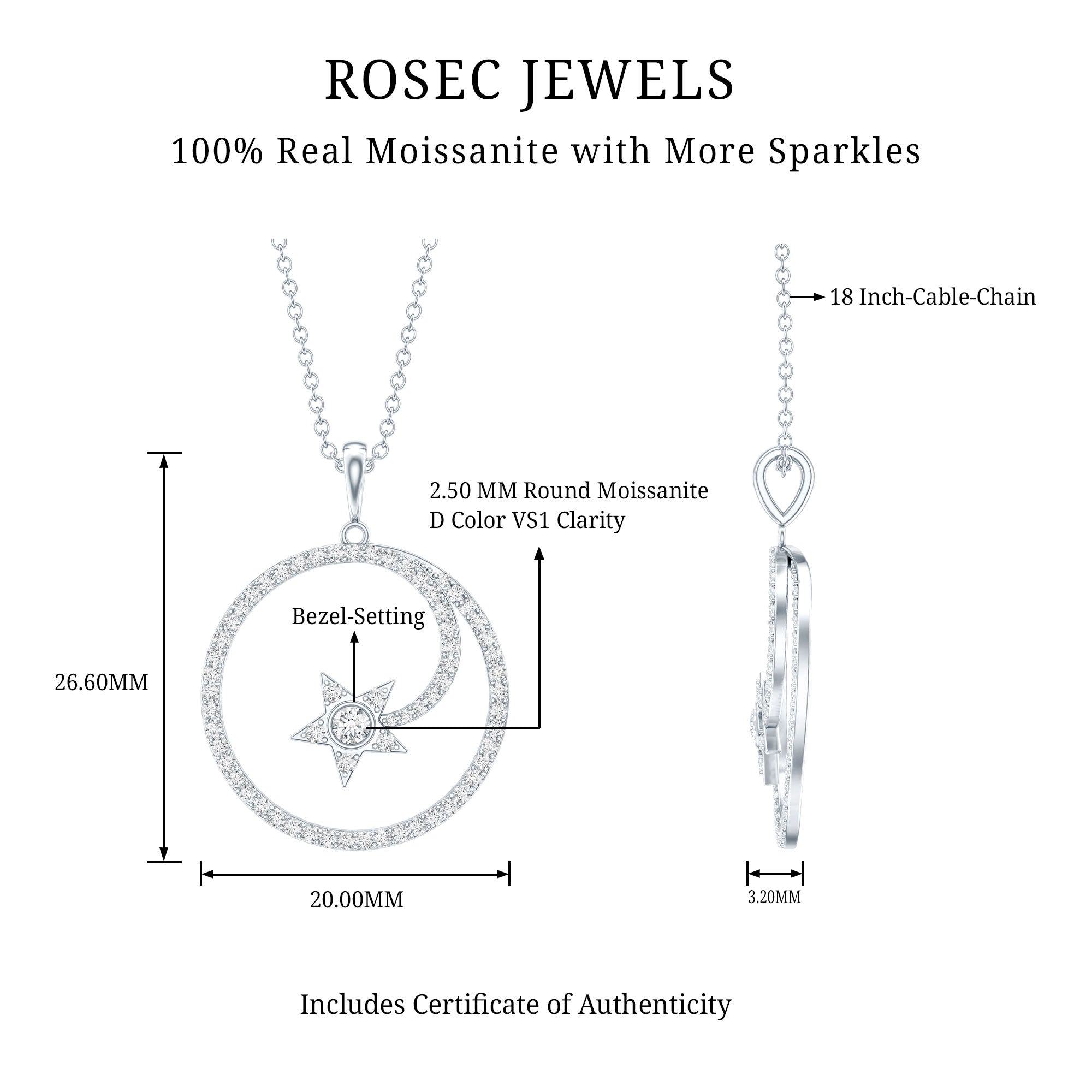 Certified Moissanite Shooting Star Necklace with Silver Chain D-VS1 92.5 Sterling Silver - Rosec Jewels