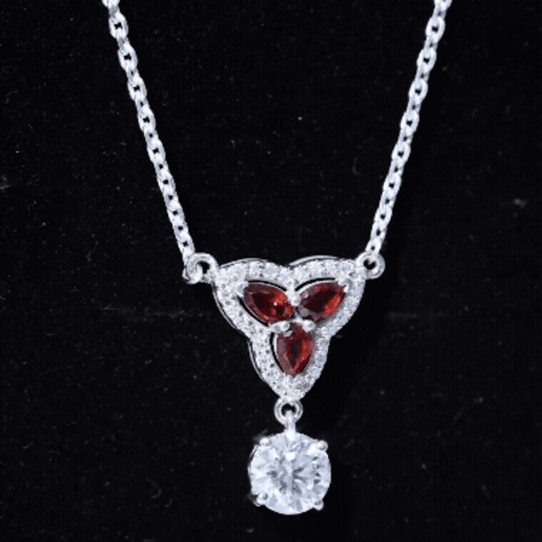 Certified Moissanite and Garnet Designer Bridal Necklace in Silver D-VS1 92.5 Sterling Silver - Rosec Jewels