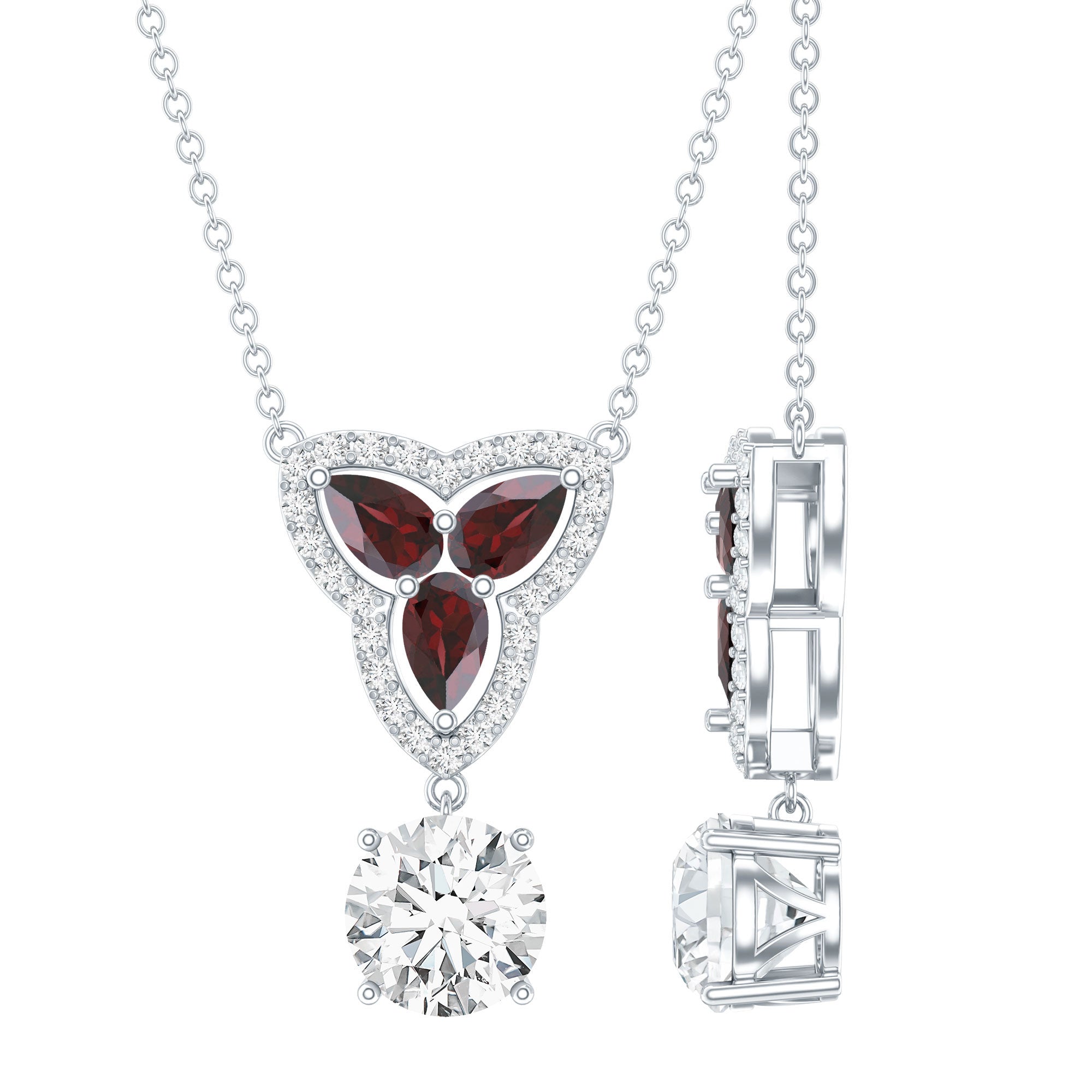 Certified Moissanite and Garnet Designer Bridal Necklace in Silver D-VS1 92.5 Sterling Silver - Rosec Jewels