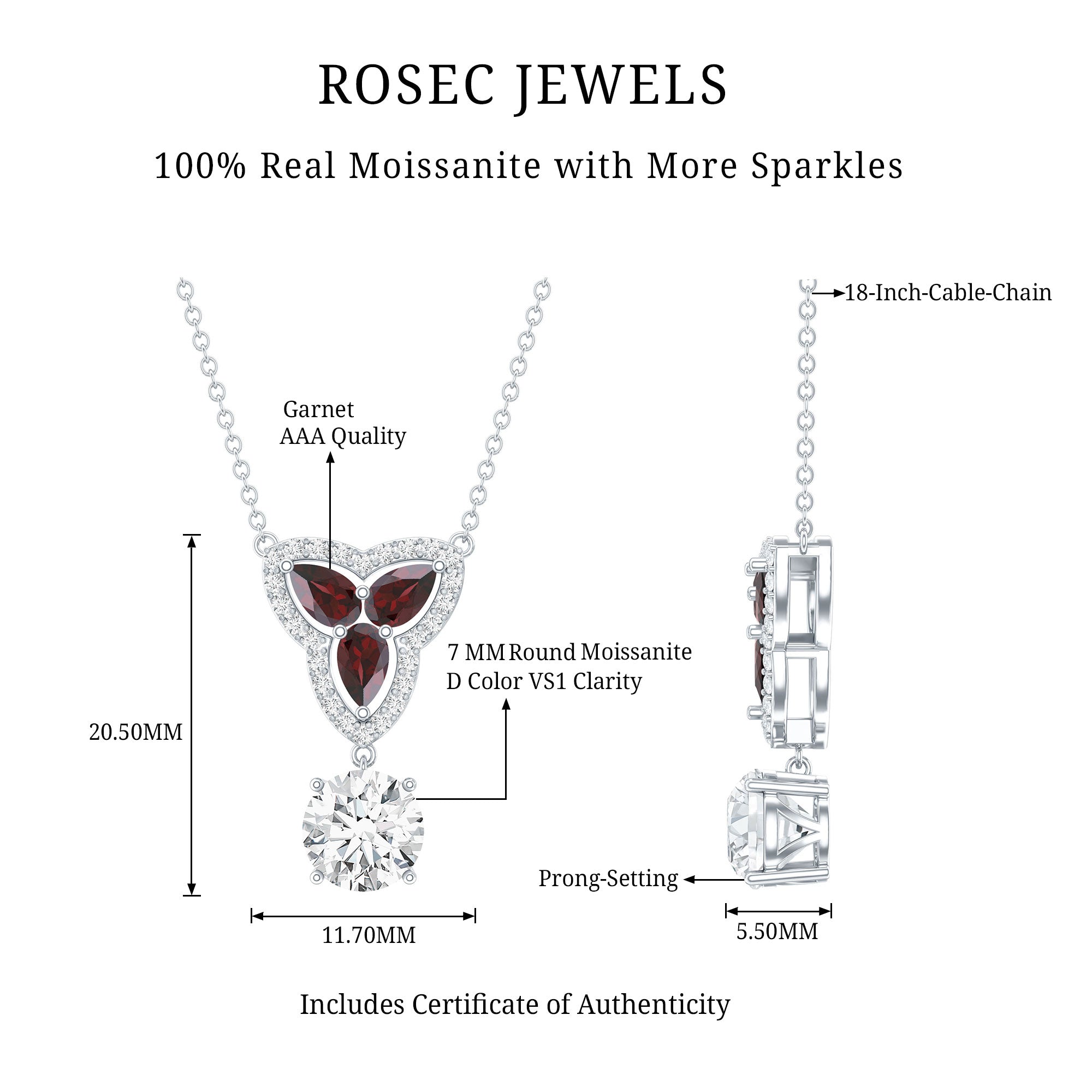 Certified Moissanite and Garnet Designer Bridal Necklace in Silver D-VS1 92.5 Sterling Silver - Rosec Jewels