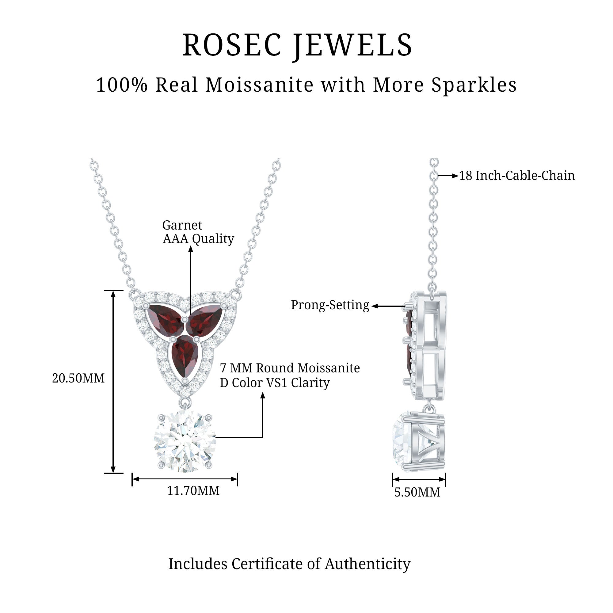 Certified Moissanite and Garnet Designer Bridal Necklace in Silver D-VS1 92.5 Sterling Silver - Rosec Jewels