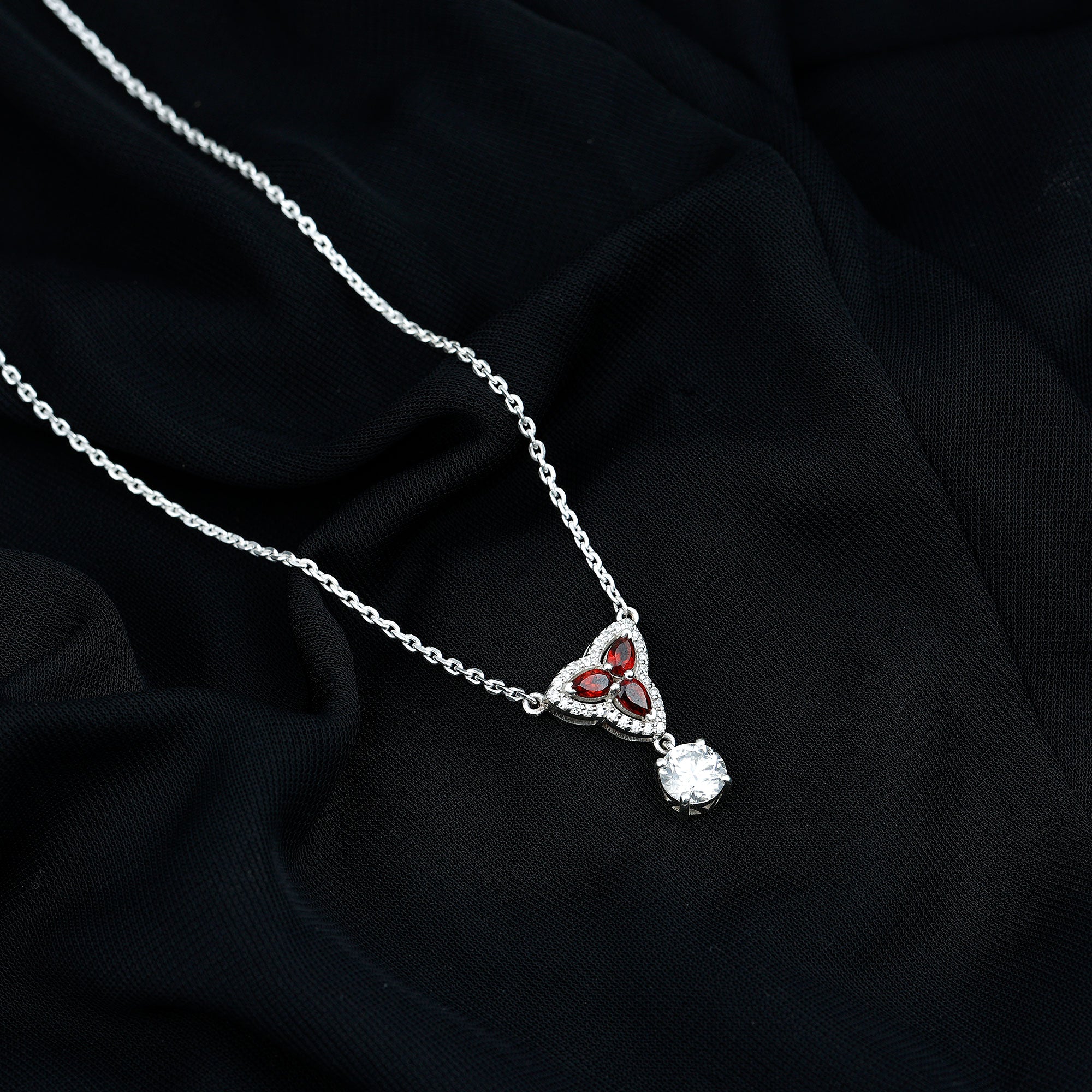 Certified Moissanite and Garnet Designer Bridal Necklace in Silver D-VS1 92.5 Sterling Silver - Rosec Jewels