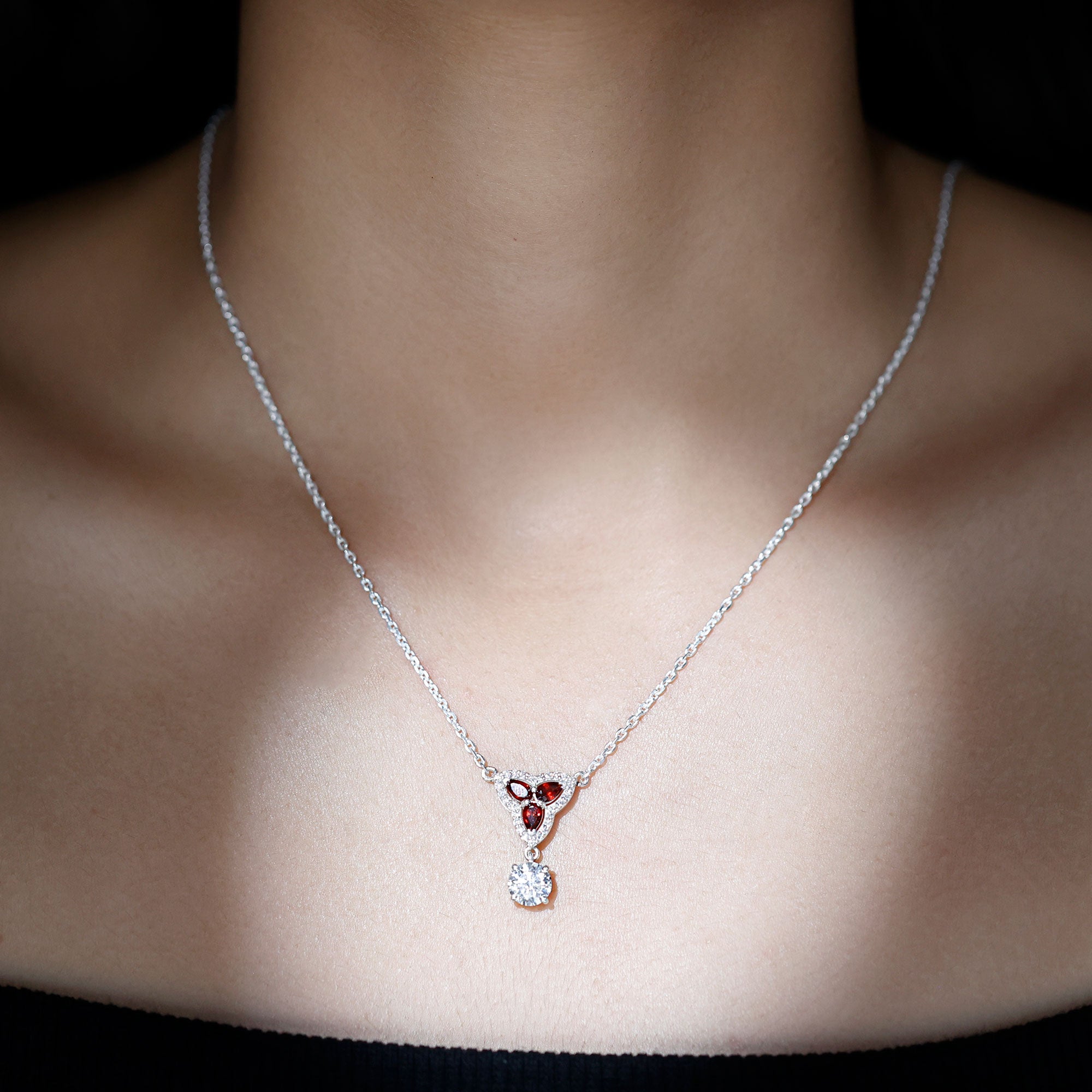 Certified Moissanite and Garnet Designer Bridal Necklace in Silver D-VS1 92.5 Sterling Silver - Rosec Jewels