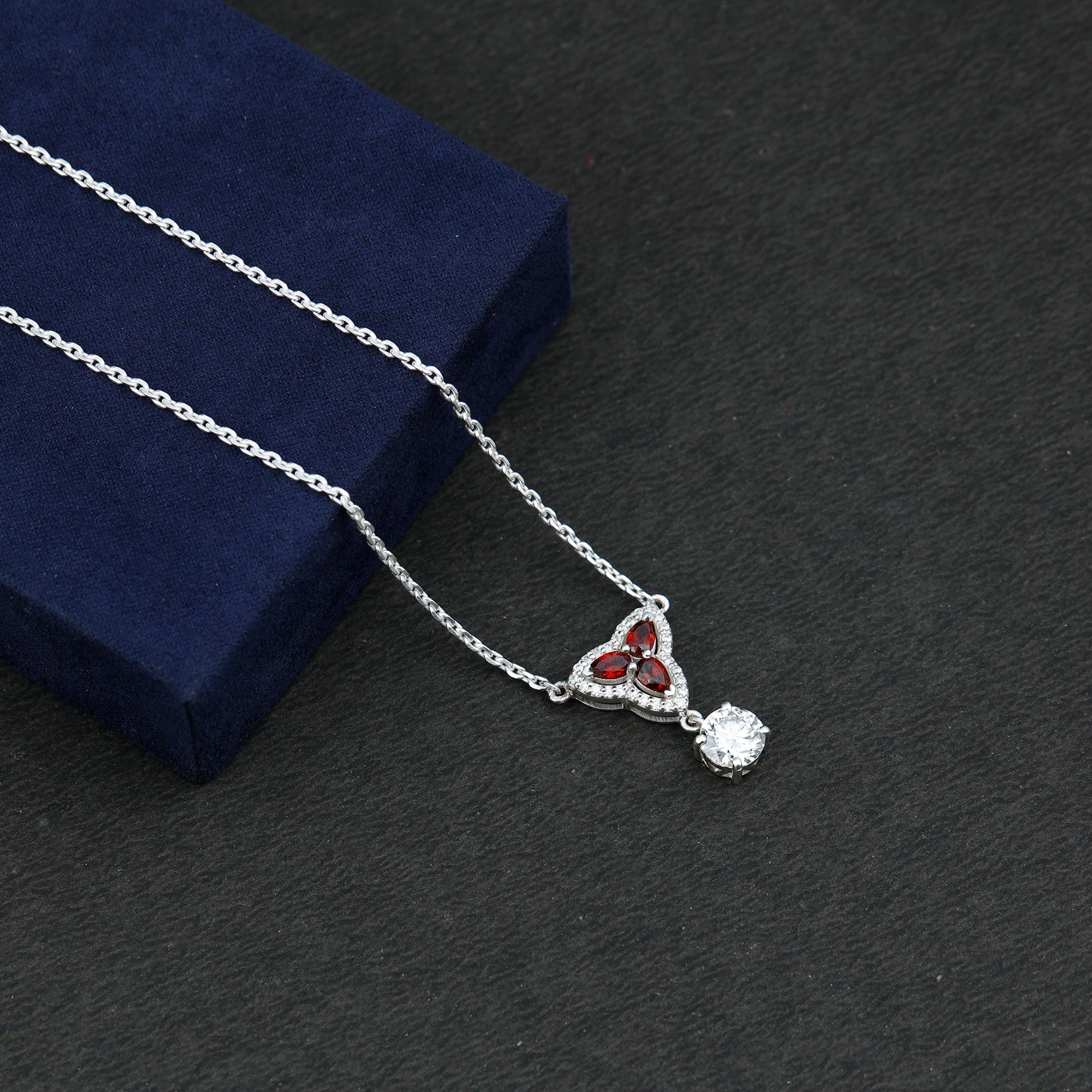 Certified Moissanite and Garnet Designer Bridal Necklace in Silver D-VS1 92.5 Sterling Silver - Rosec Jewels