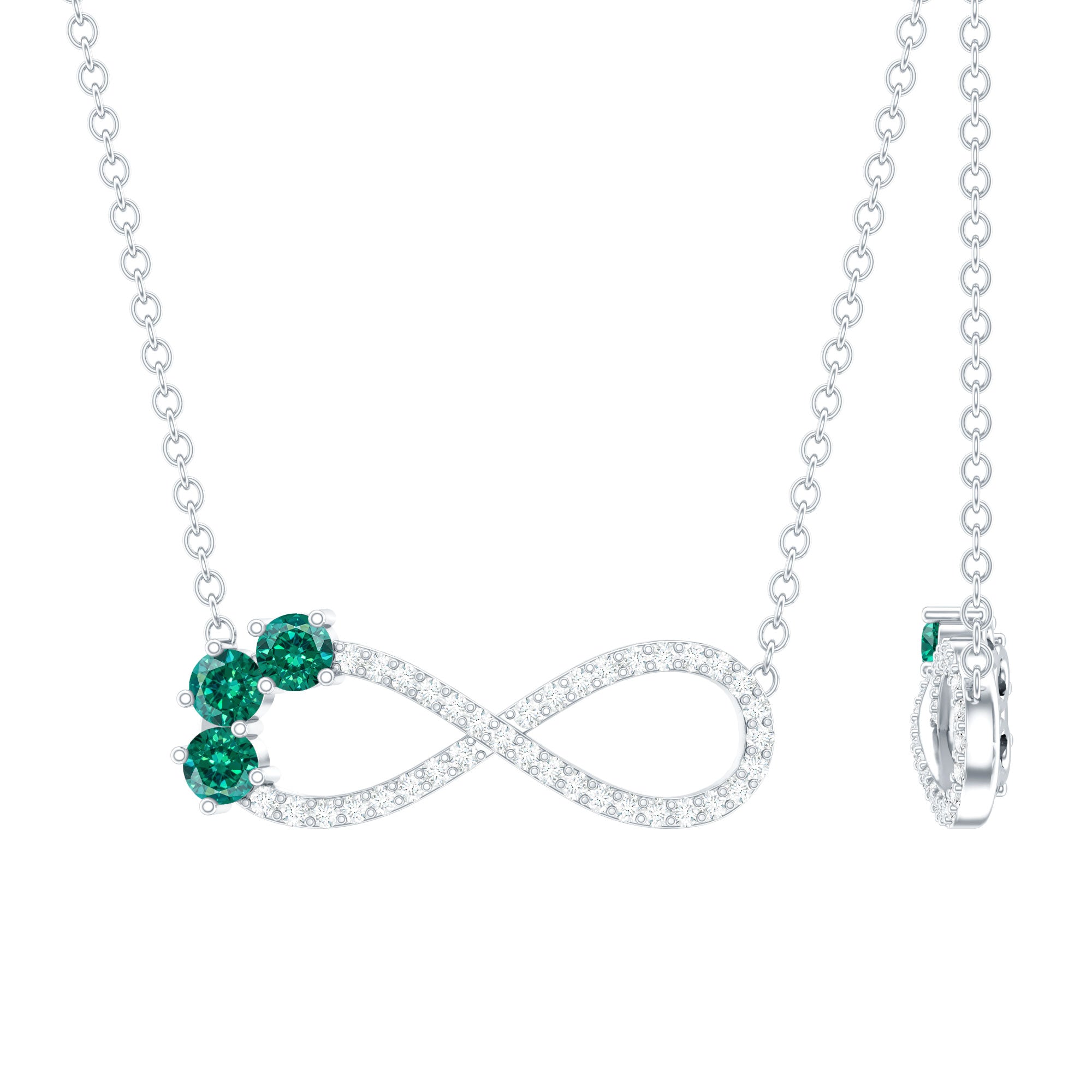 Lab Created Emerald and Moissanite Infinity Necklace with Chain AAAA 92.5 Sterling Silver - Rosec Jewels