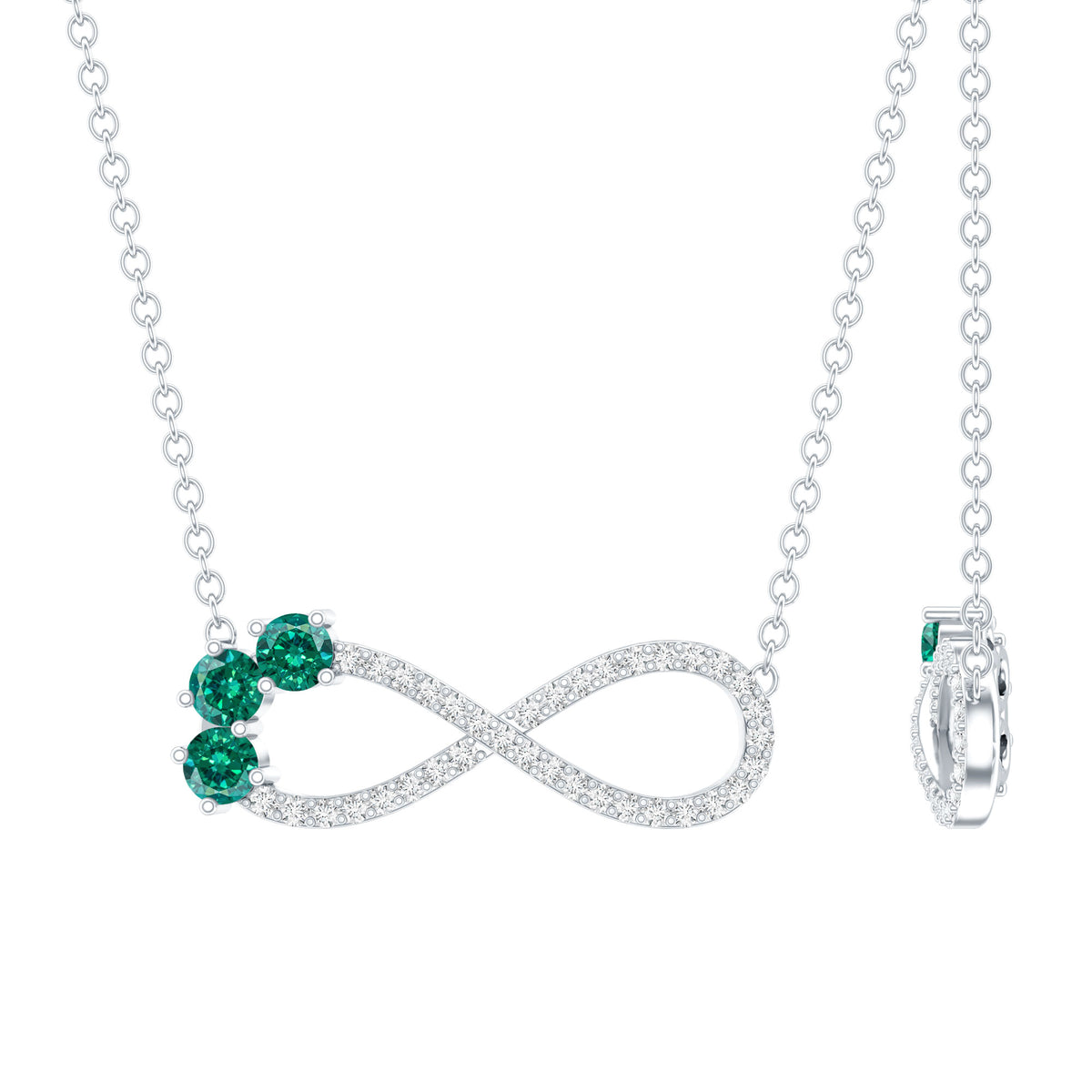 Lab Created Emerald and Moissanite Infinity Necklace with Chain AAAA 92.5 Sterling Silver - Rosec Jewels