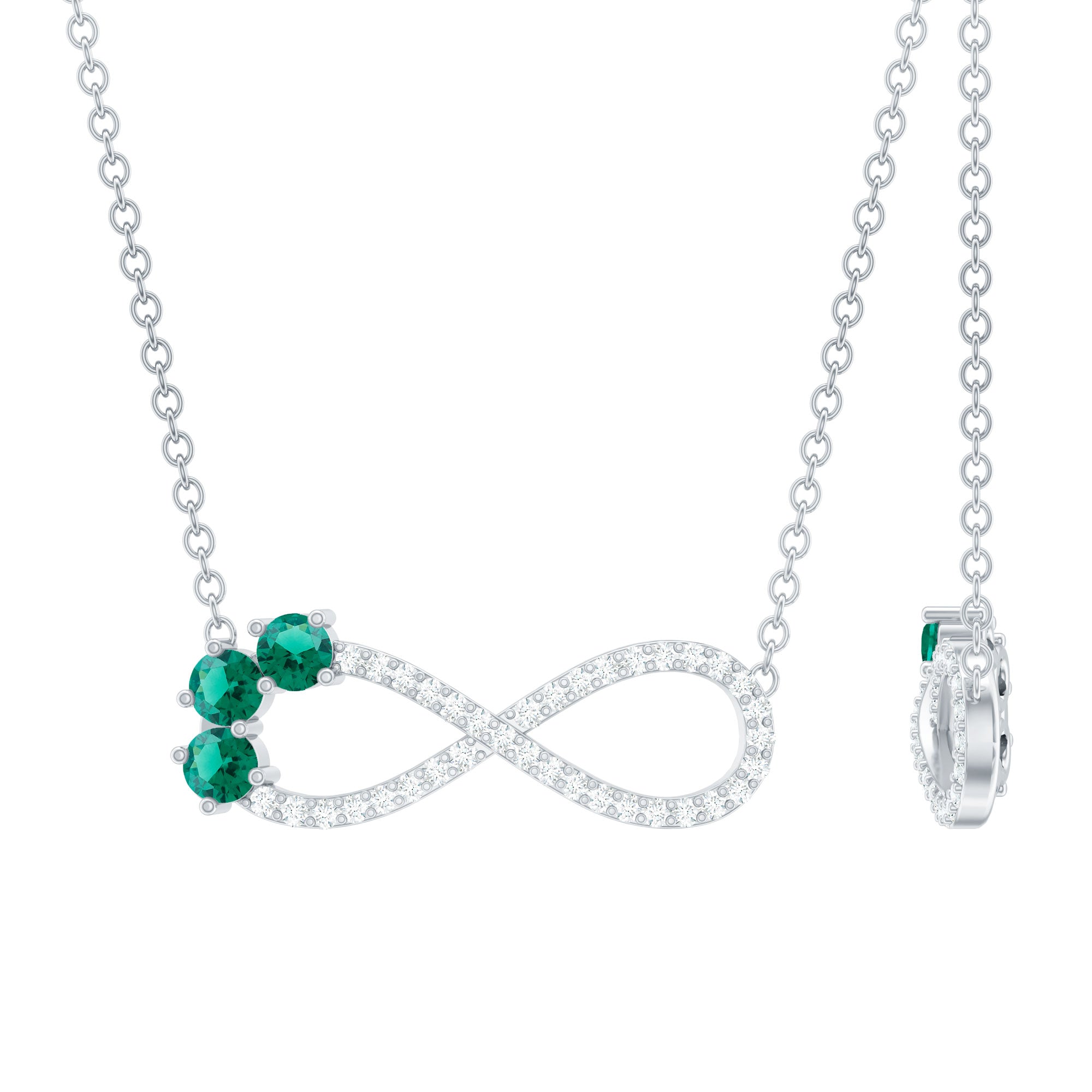 Lab Created Emerald and Moissanite Infinity Necklace with Chain AAAA 92.5 Sterling Silver - Rosec Jewels