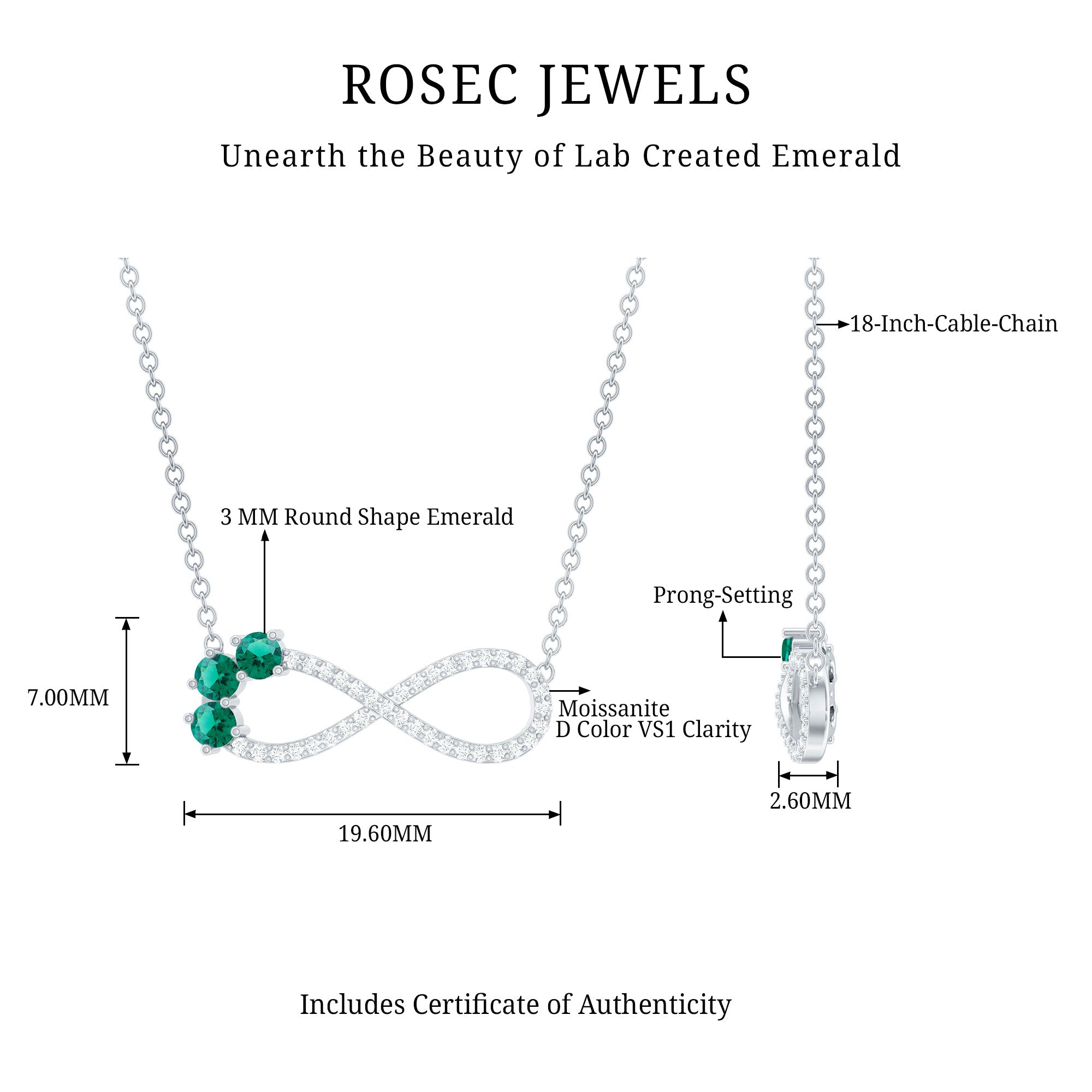 Lab Created Emerald and Moissanite Infinity Necklace with Chain AAAA 92.5 Sterling Silver - Rosec Jewels