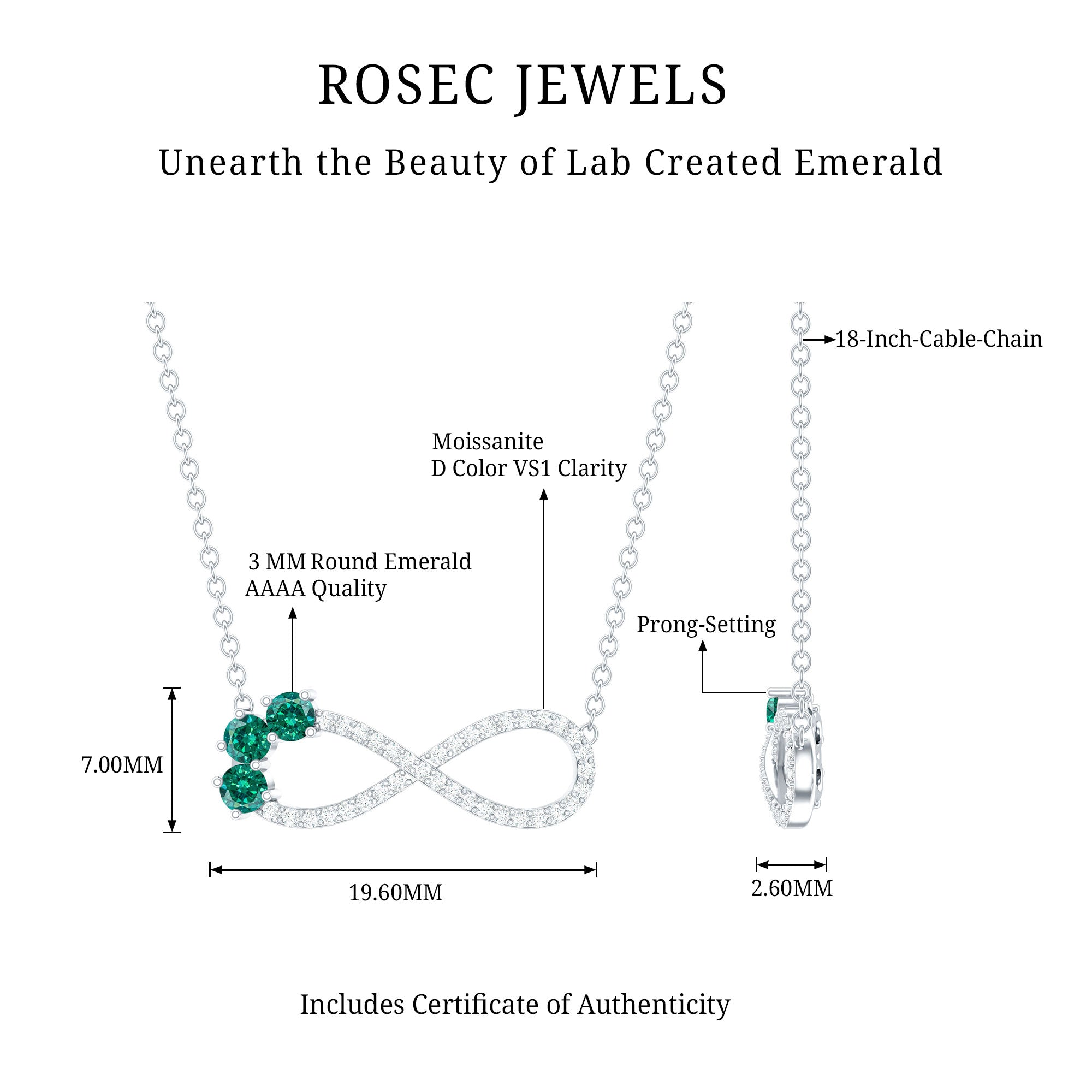 Lab Created Emerald and Moissanite Infinity Necklace with Chain AAAA 92.5 Sterling Silver - Rosec Jewels