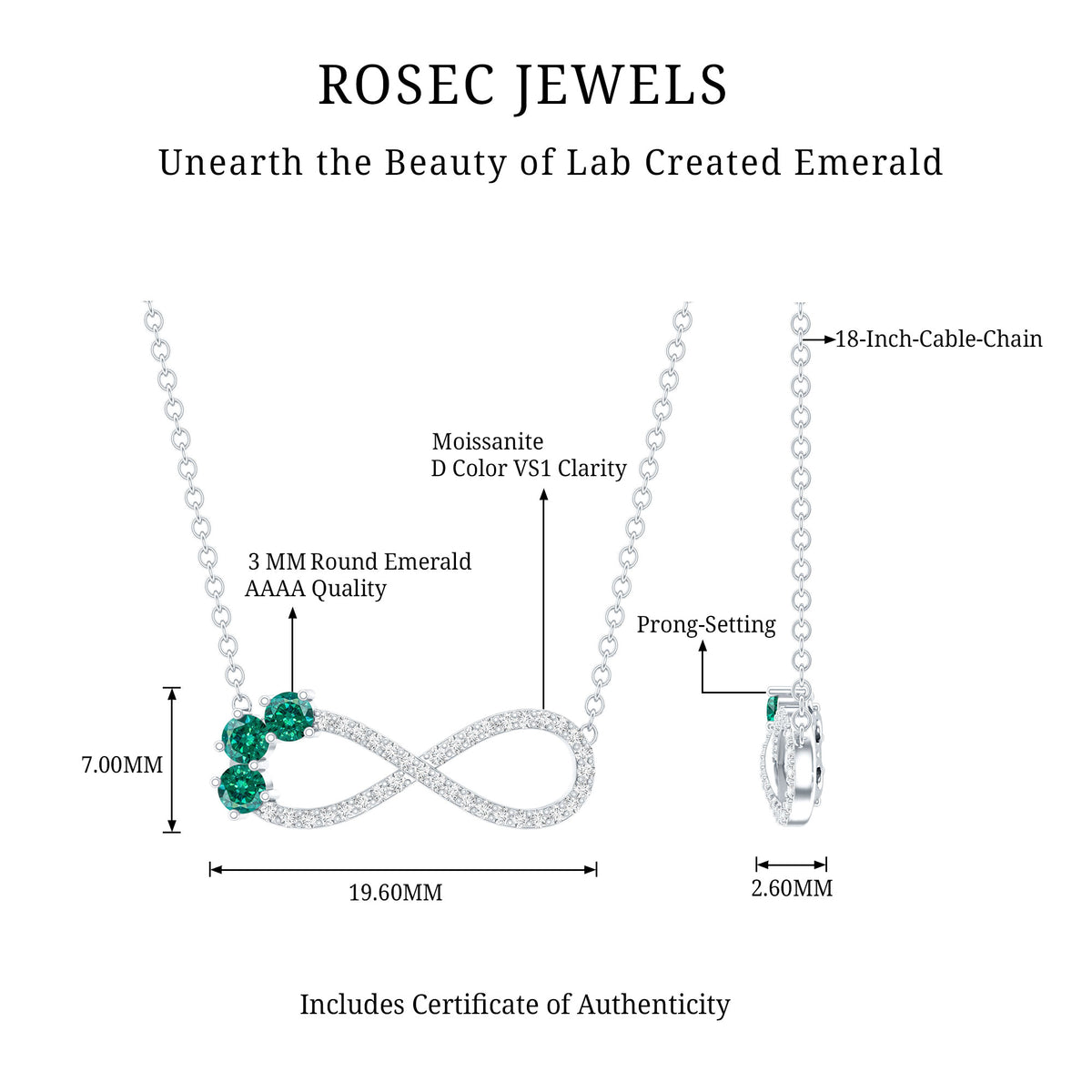 Lab Created Emerald and Moissanite Infinity Necklace with Chain AAAA 92.5 Sterling Silver - Rosec Jewels