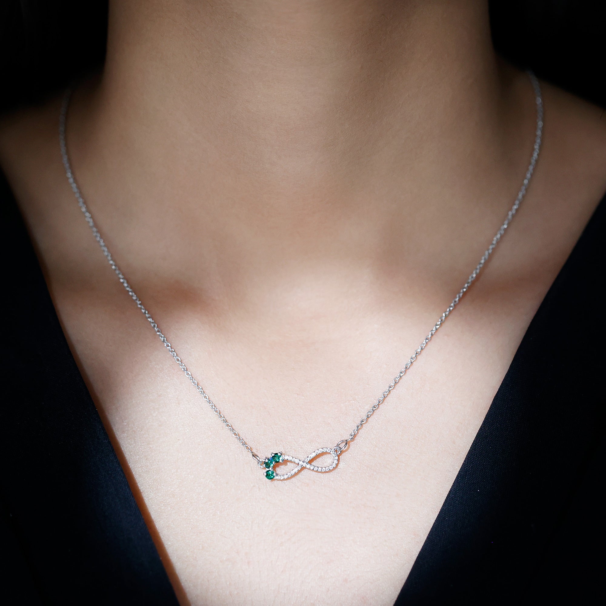 Lab Created Emerald and Moissanite Infinity Necklace with Chain AAAA 92.5 Sterling Silver - Rosec Jewels