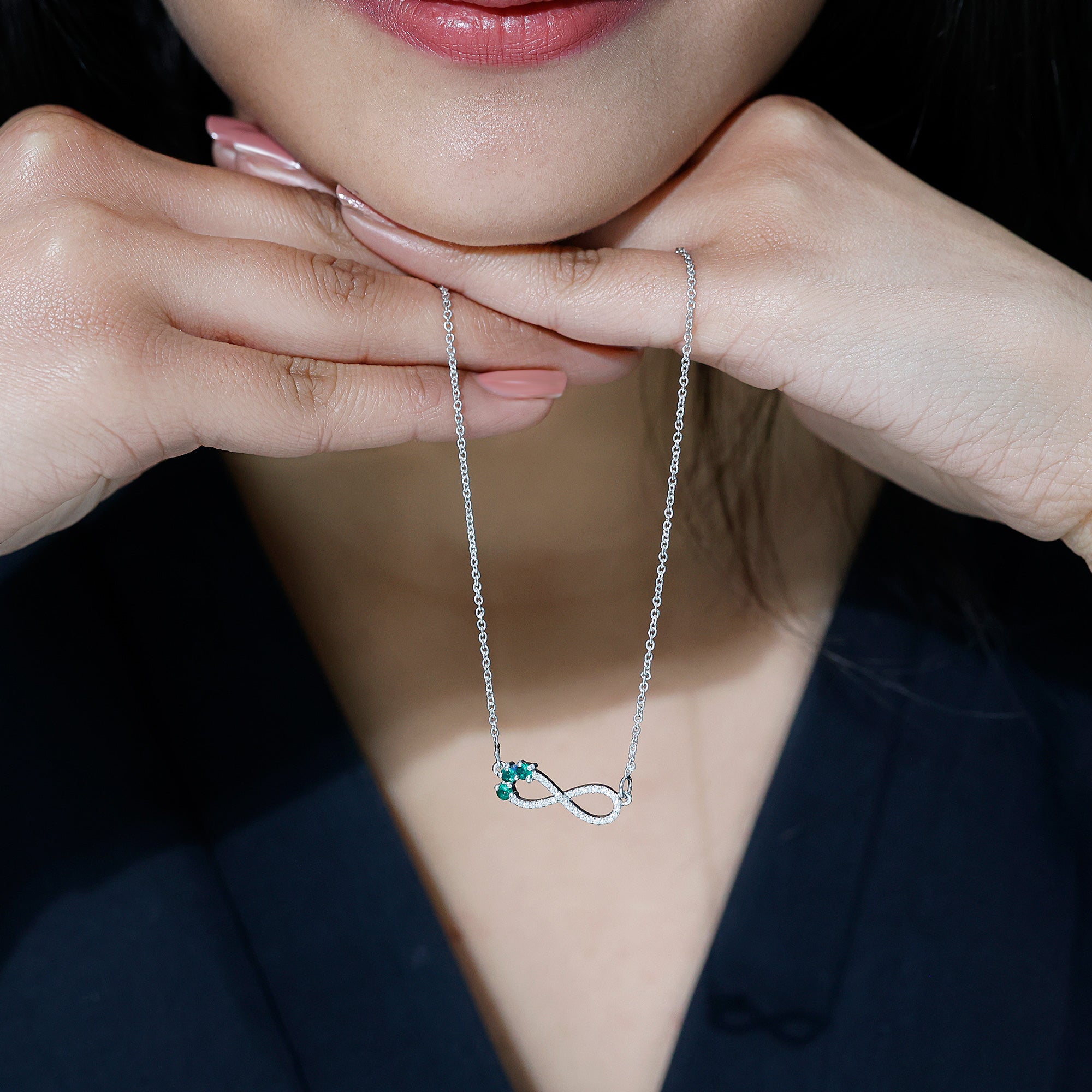 Lab Created Emerald and Moissanite Infinity Necklace with Chain AAAA 92.5 Sterling Silver - Rosec Jewels