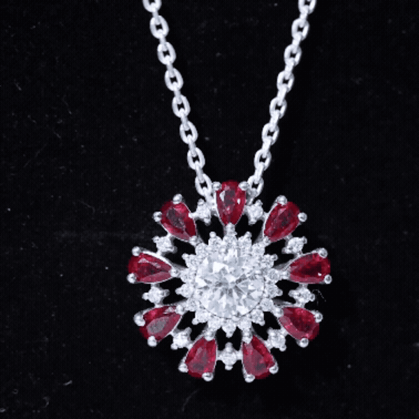 Certified 1.3 Carat Moissanite Statement Flower Necklace with Lab Grown Ruby AAAA 92.5 Sterling Silver - Rosec Jewels